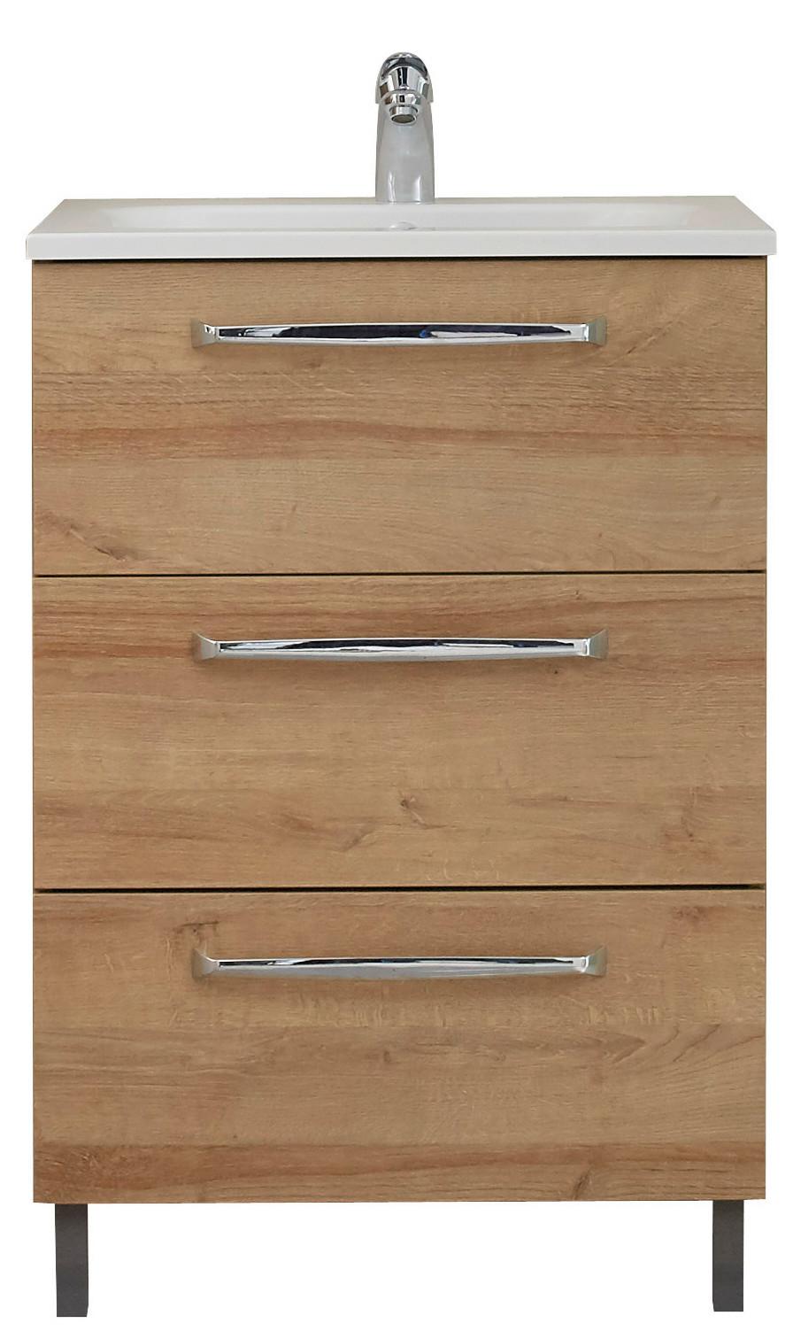 Mosdó Alsószekrény Luga 961 - krómszínű/tölgyfa színű, Modern, faalapú anyag (60/77/43cm)