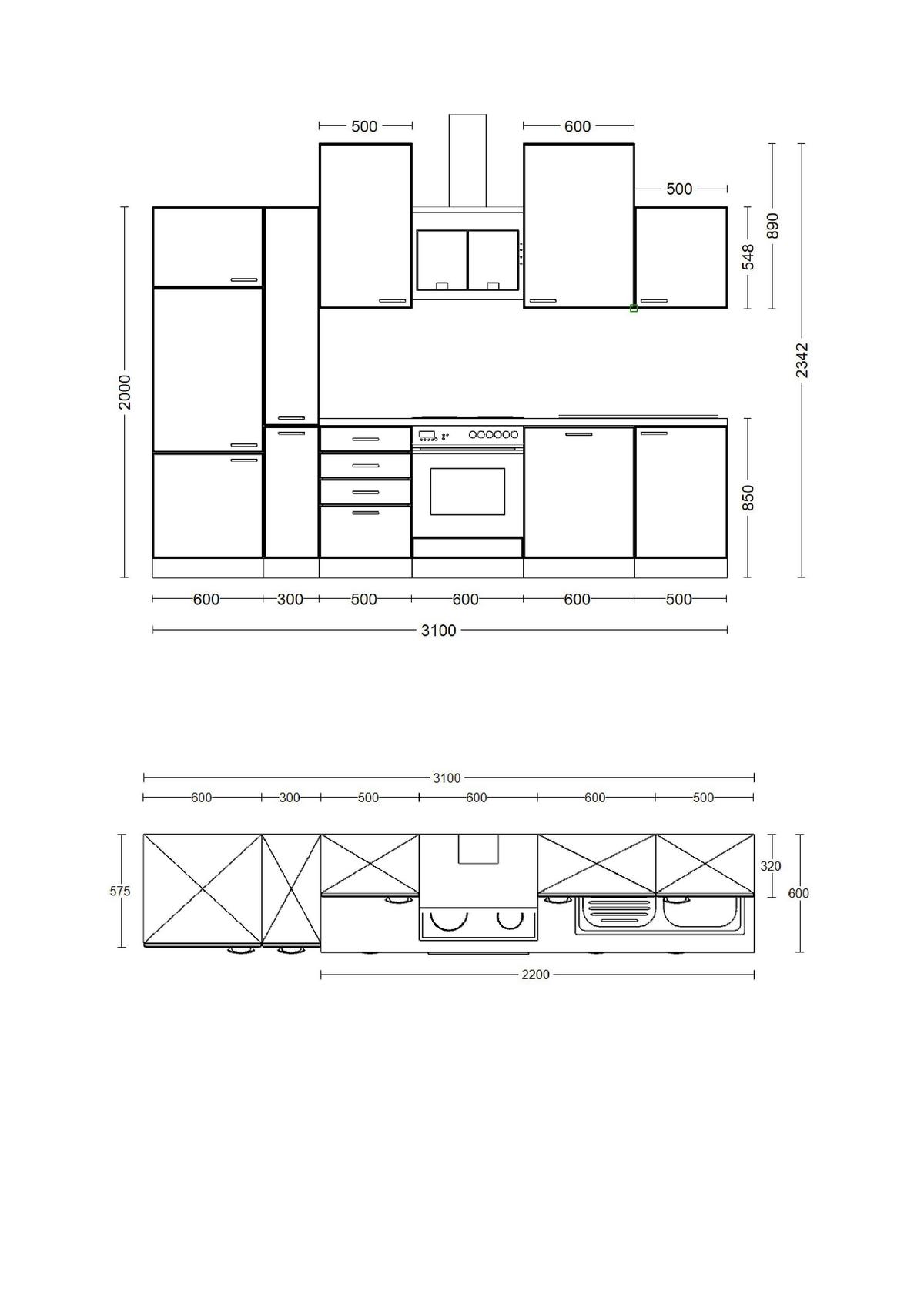 Küchenblock Avila Eichefarben/Magnolie - Eichefarben/Magnolie, MODERN, Holzwerkstoff/Metall (310cm) - FlexWell