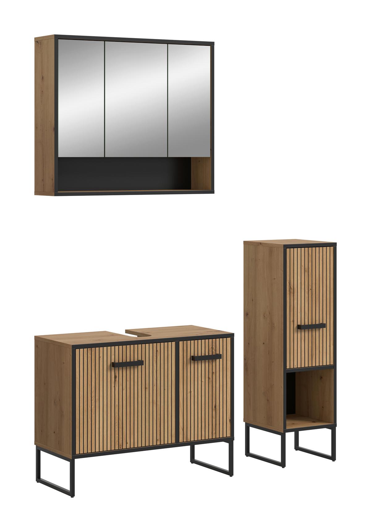 Badezimmer Bagno 3-tlg. Eiche Artisan/Schwarz - Schwarz/Eiche Artisan, Trend, Glas/Holzwerkstoff (110cm) - MID.YOU