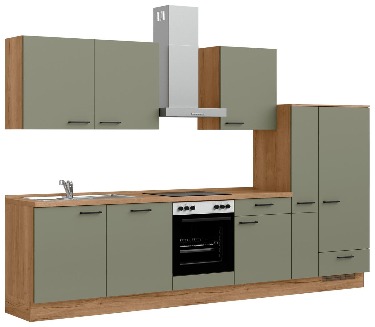 Küchenleerblock Senso Low o. Geräte Olivgrün - Eichefarben/Schwarz, MODERN, Holzwerkstoff/Metall (330cm) - Nobilia