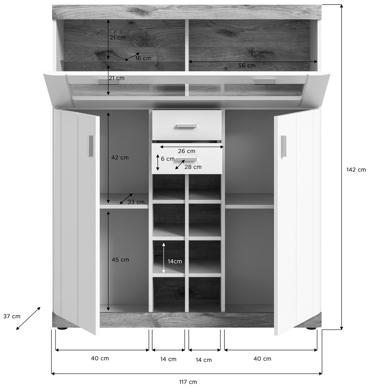 Highboard Laredo ca. 117x1401 cm Nox Eiche/Weiß - Silberfarben/Weiß, KONVENTIONELL, Glas/Holzwerkstoff (117/140/38cm) - MID.YOU