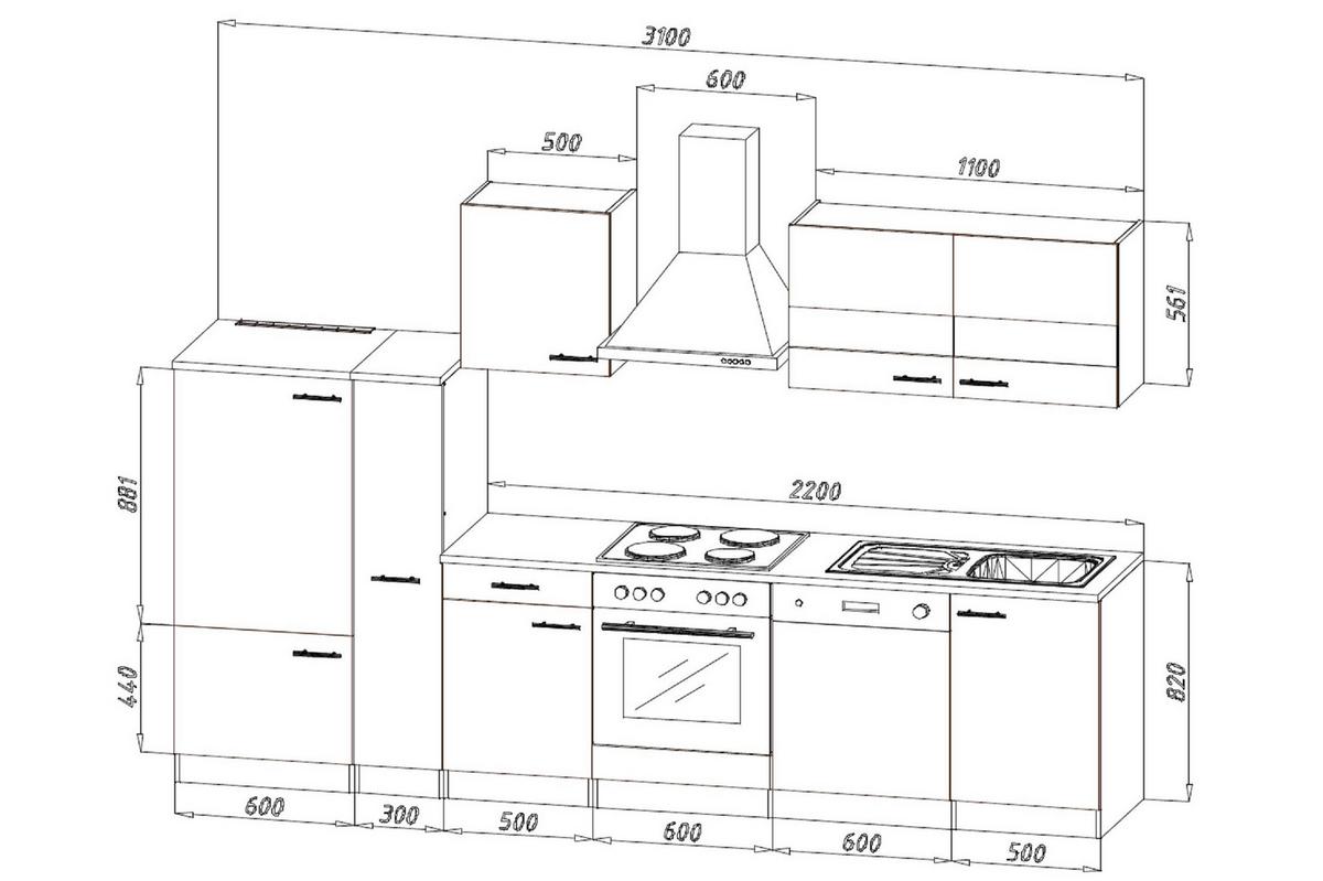 Küchenzeile Economy o. Geräte Weiß/Nussbaum B: ca. 310 cm - Silberfarben/Nussbaumfarben, Basics, Holzwerkstoff/Metall (310/200/60cm) - Respekta