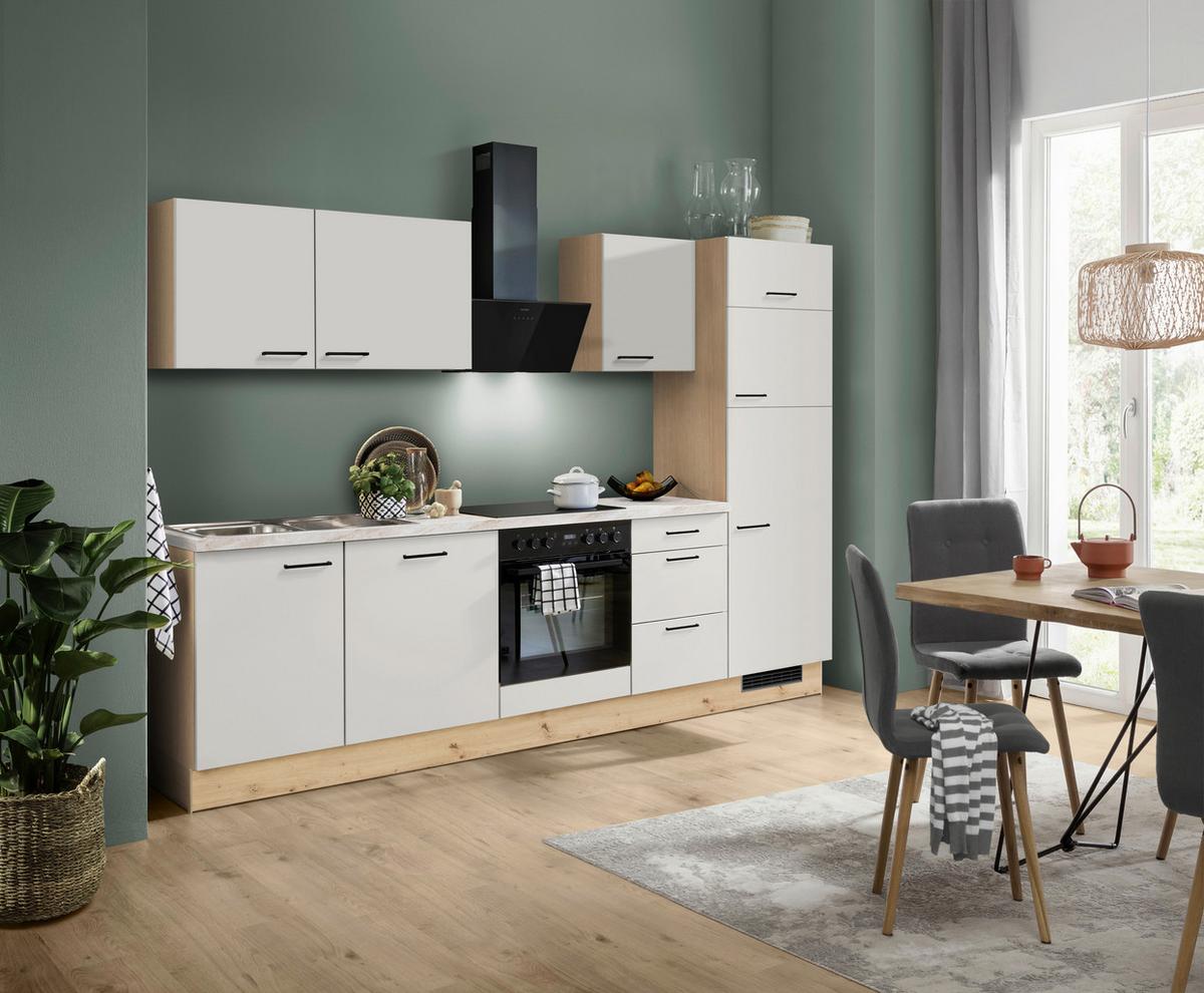 Küchblock IP1200 o. Geräte Weiß - Eichefarben/Schwarz, MODERN, Holzwerkstoff/Metall (280cm) - Impuls