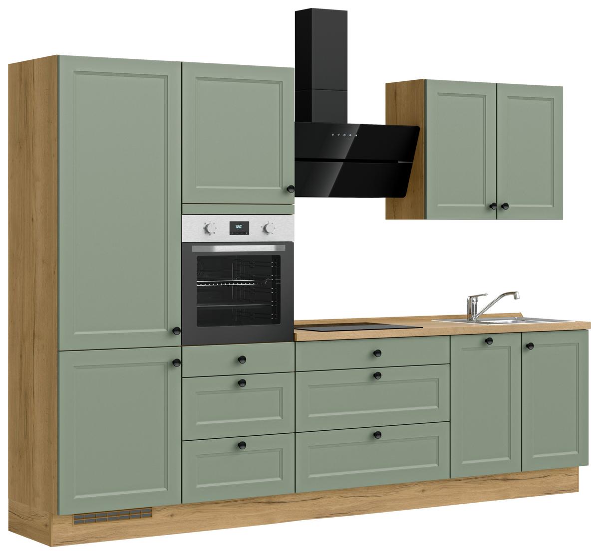 Küchenblock Cascada High m. Geräten Schilfgrün - Schilfgrün/Eichefarben, MODERN, Holzwerkstoff/Metall (300cm) - Nobilia