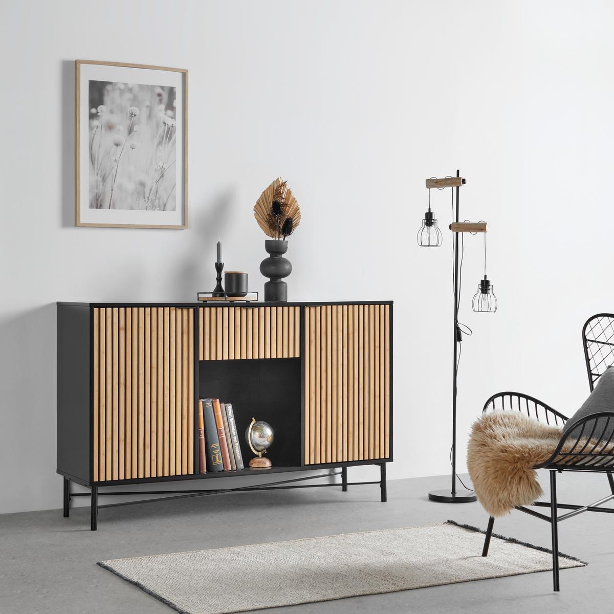 Sideboard Madrid Schwarz/Naturfarben massiv - Eichefarben/Schwarz, MODERN, Holz/Holzwerkstoff (143/90/40cm) - Mömax