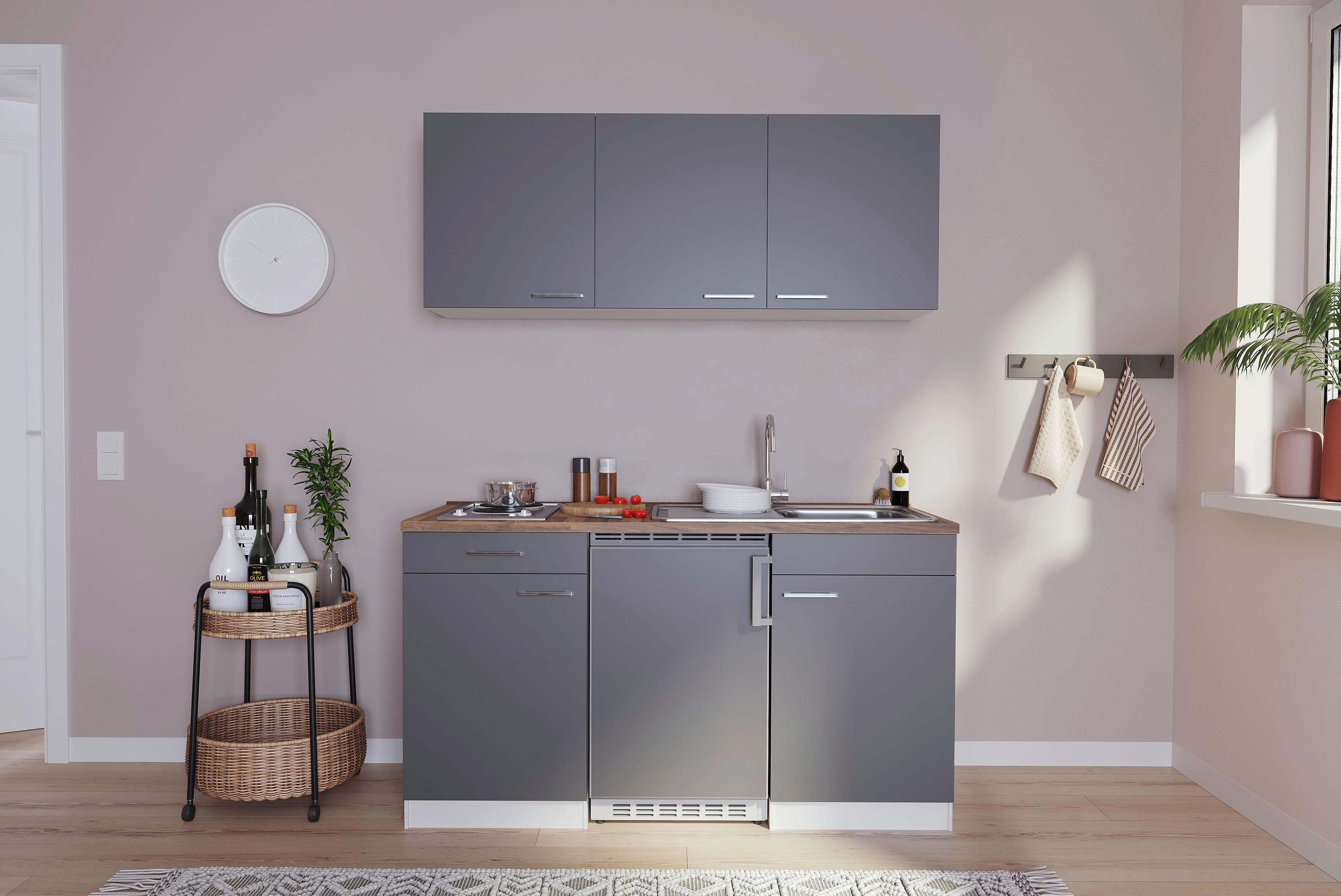 Miniküche Economy m. Geräten Grau/ Nussbaum ca. 150 cm - Edelstahlfarben/Nussbaumfarben, Basics, Holzwerkstoff/Kunststoff (150cm) - Respekta
