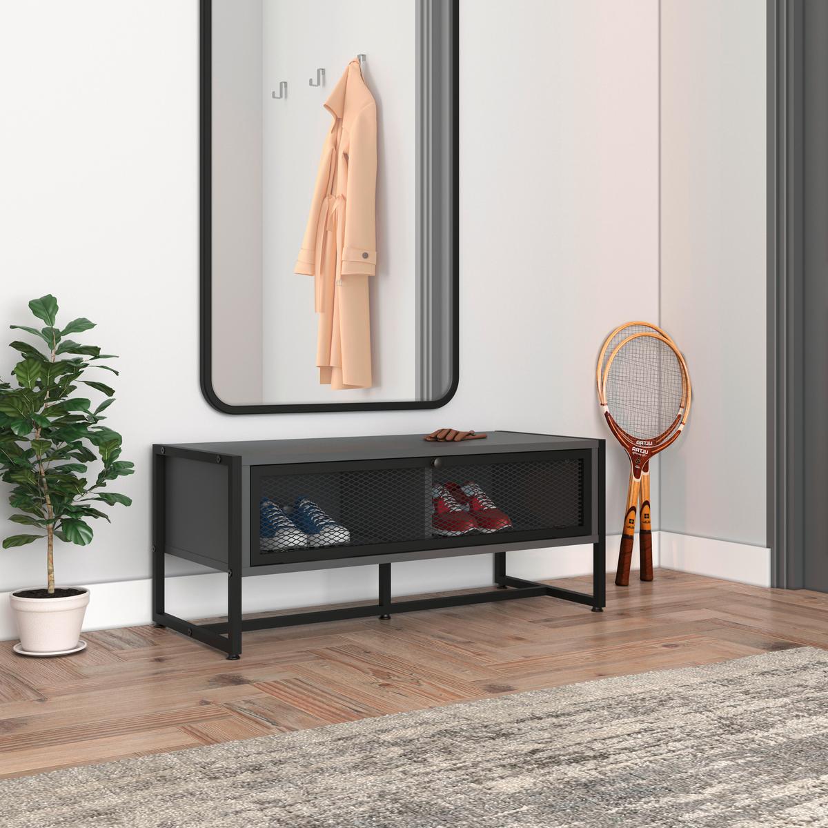 ŁAWKA Z PÓŁKĄ NA BUTY MELA SIDEBOARD - antracytowy/czarny, Modern, metal/drewno (95/40/41cm) - P & B