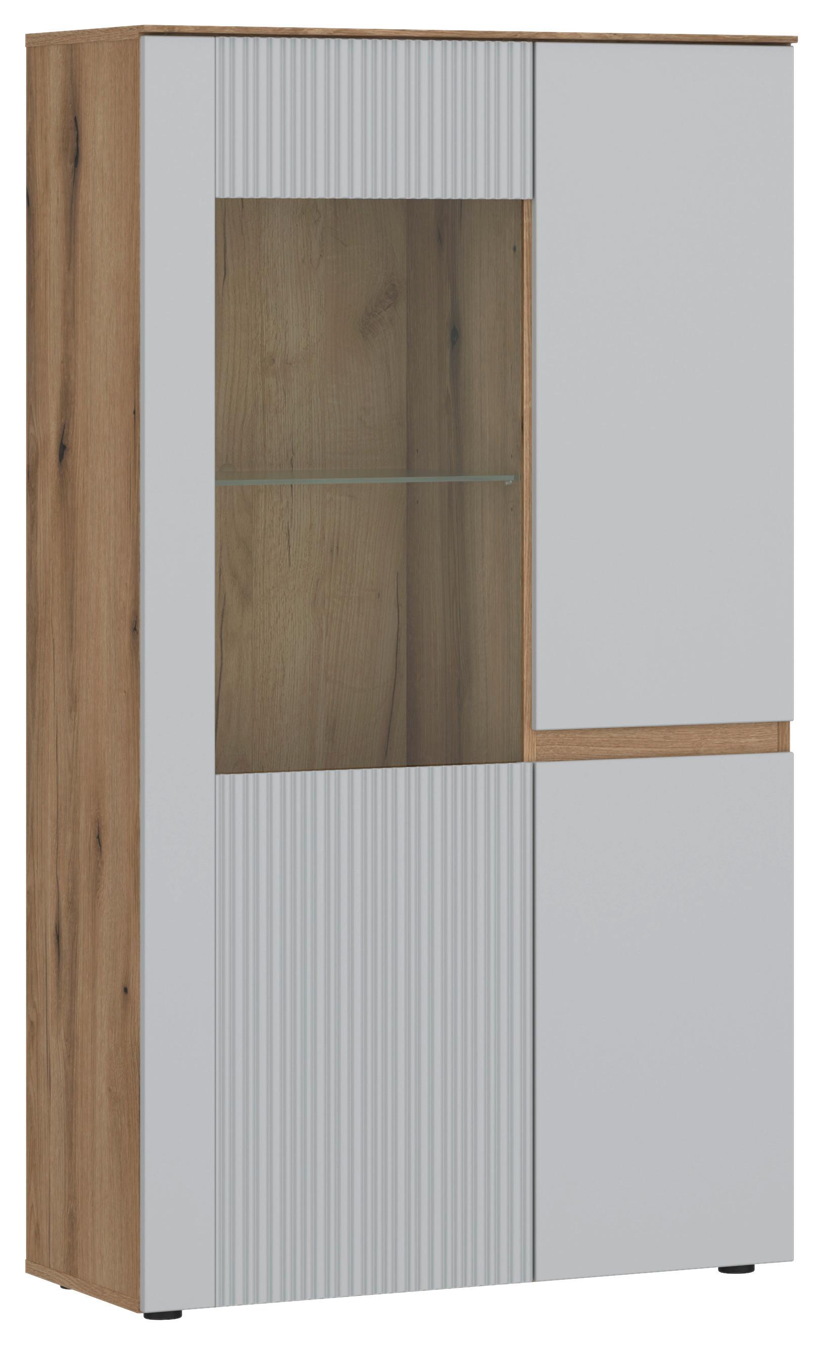 Vitrină MANILLA - gri deschis/culoare lemn stejar, Modern, sticlă/material pe bază de lemn (85/152,3/40cm) - Modern Living