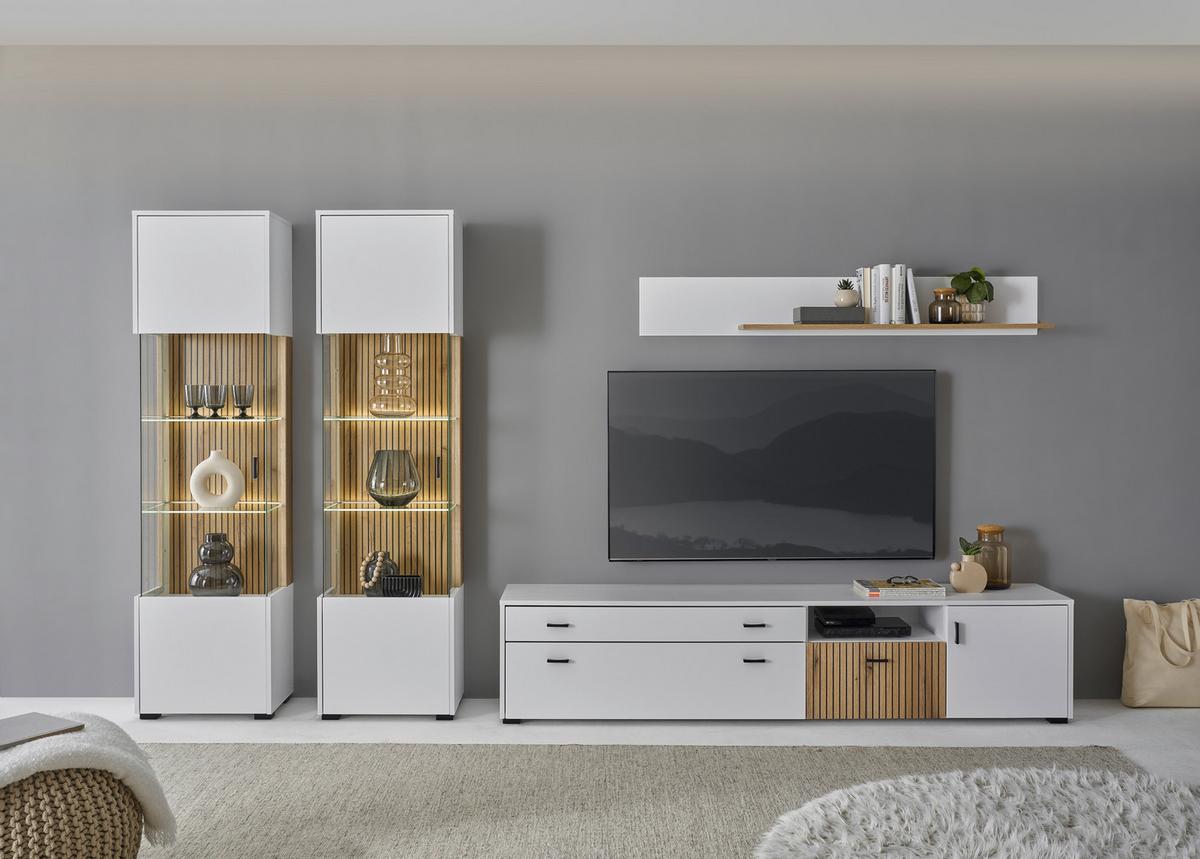 Wohnwand Hudson Weiß/Eichefarben - Eichefarben/Schwarz, Design, Glas/Holzwerkstoff (316/180/42cm) - MID.YOU