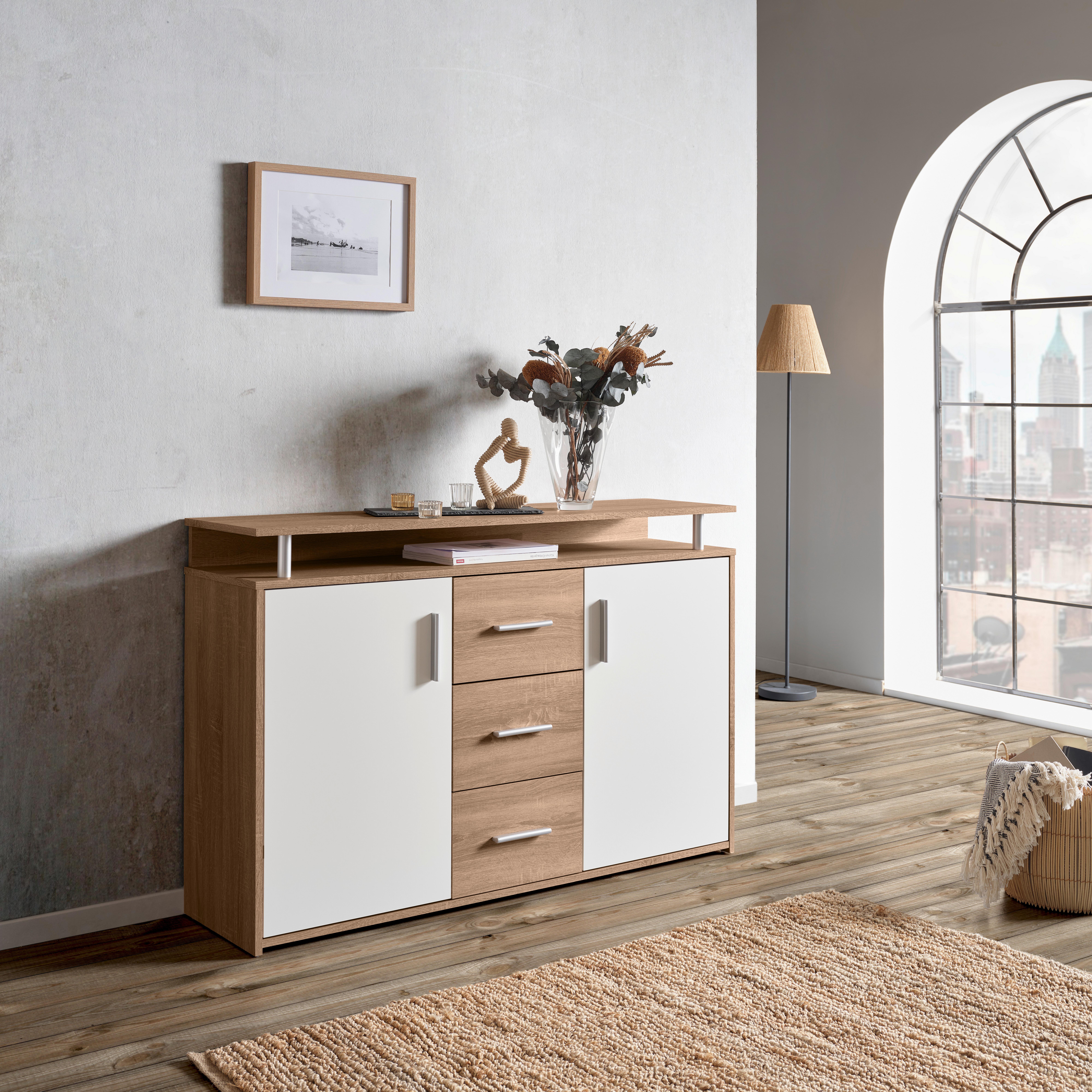 Comodă DRIFT - alb/culoare lemn stejar, Modern, material pe bază de lemn (132/88/34,6cm) - Modern Living