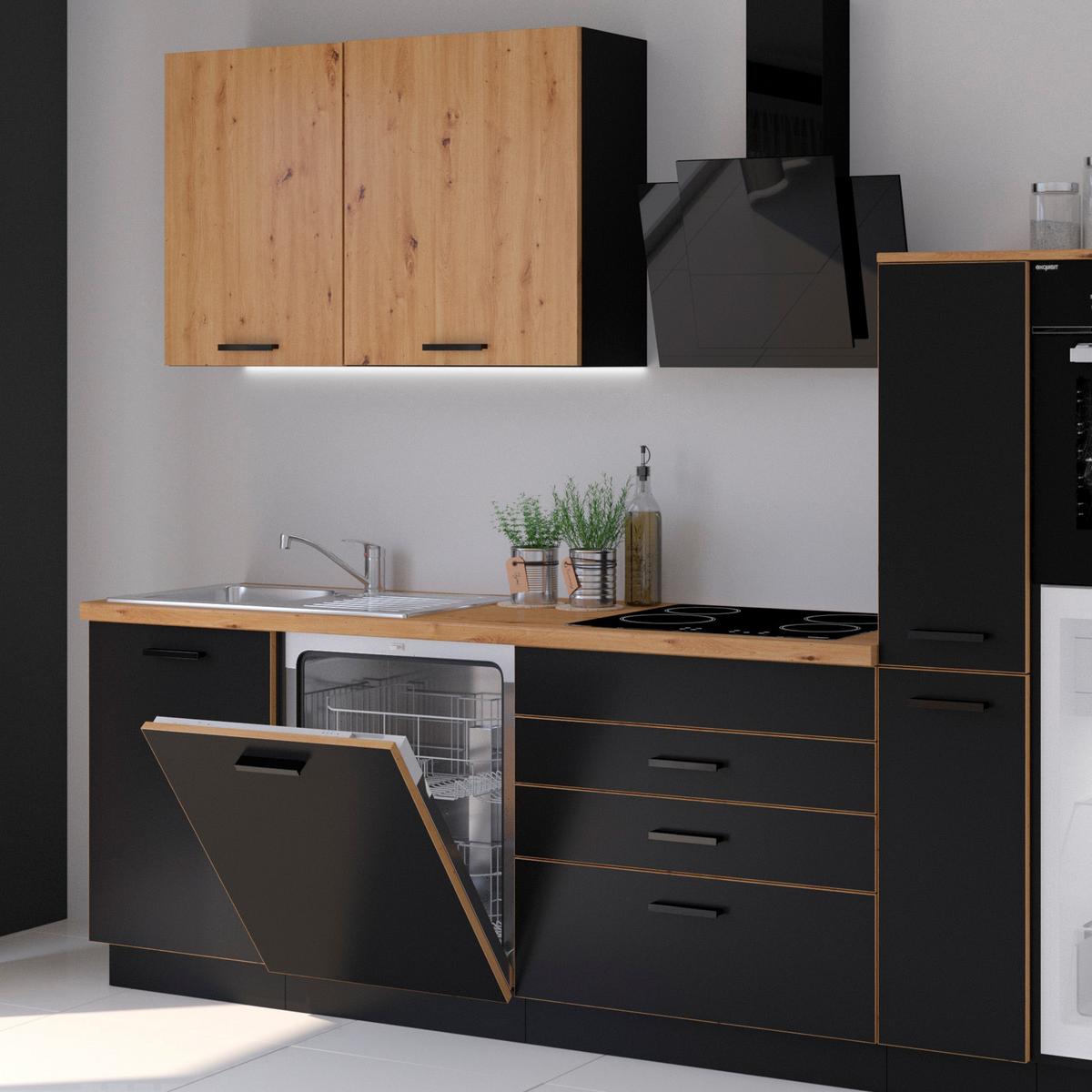 Kuhinjski Blok Brez Aparatov Blacky, Črna, Hrast, 280cm - črna/hrast artisan, Design, umetna masa/leseni material (280cm) - P & B