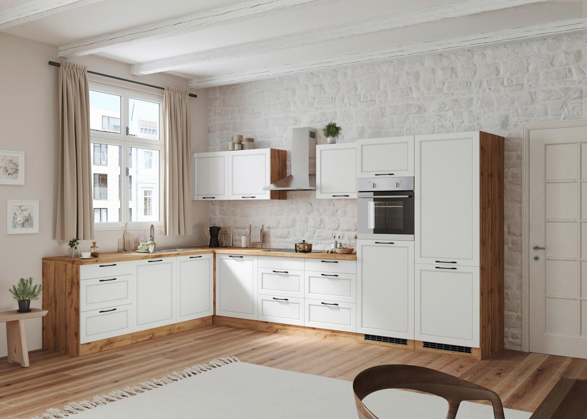 Eckküche Meran mit Geräten ca. 240x360 cm Weiß/Eiche - Eiche Wotan/Schwarz, LIFESTYLE, Holzwerkstoff/Metall (240/360cm) - Held