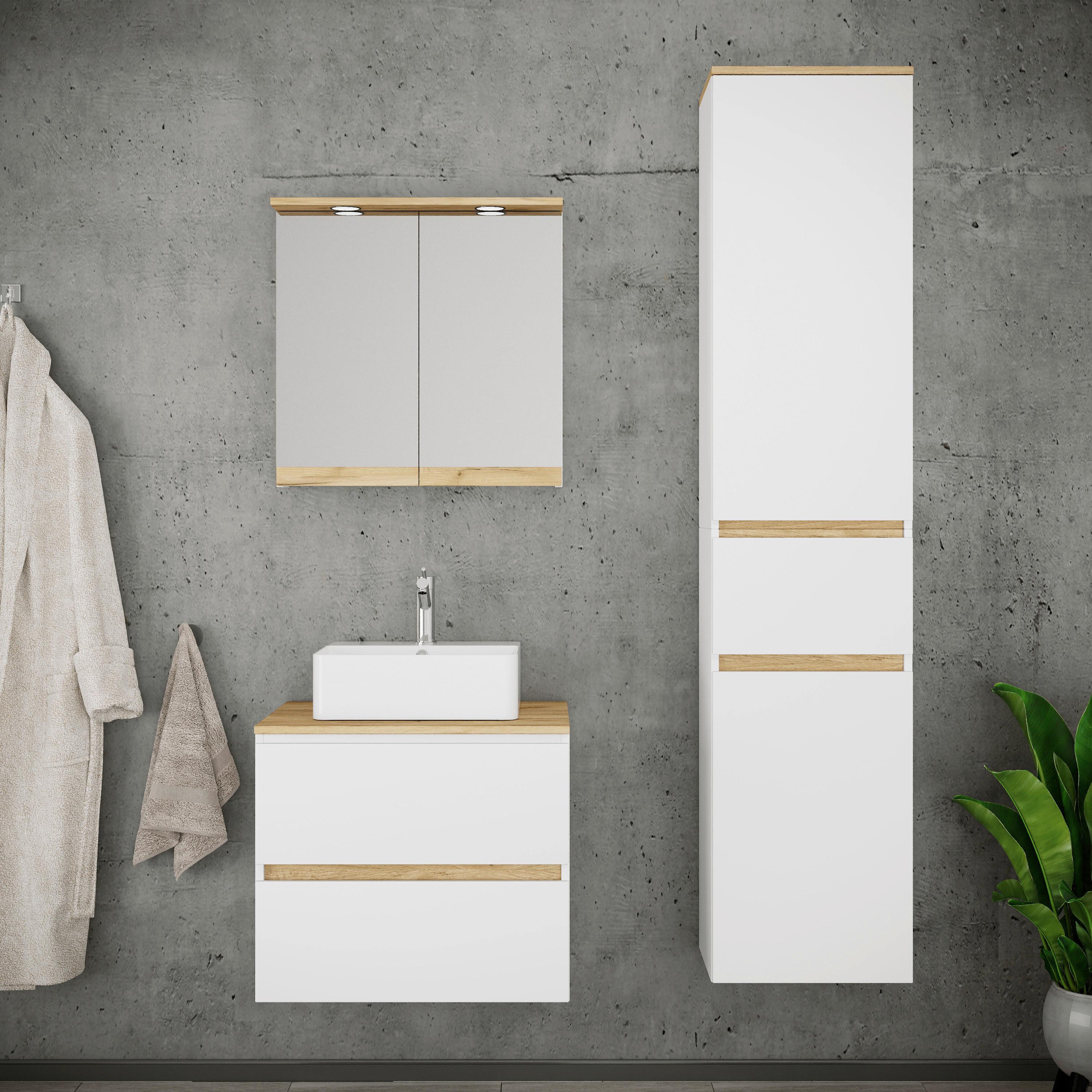 Badezimmer Cosila - Honigeiche/Weiss, Trend, Keramik/Holzwerkstoff (90cm) - MID.YOU