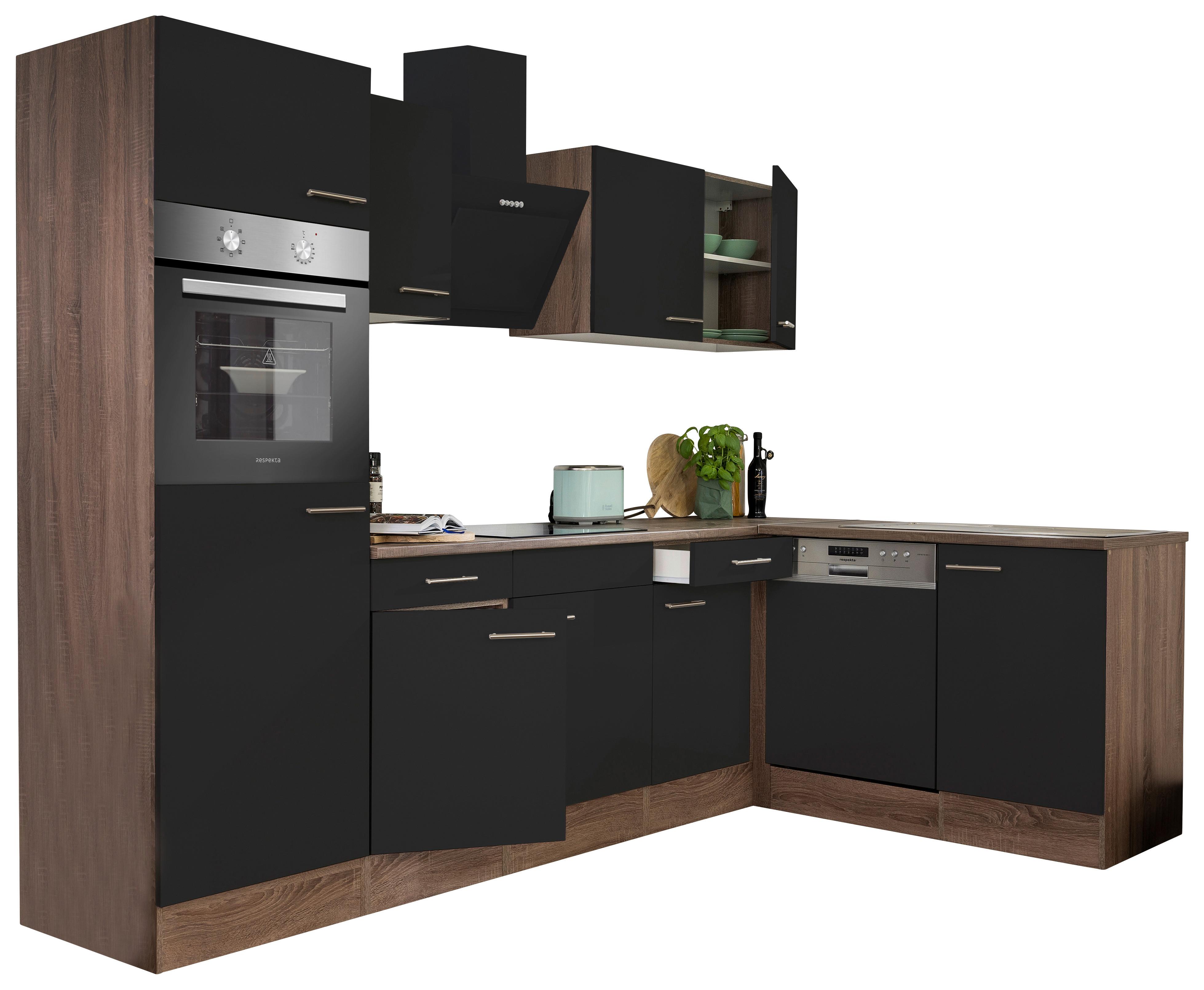 Eckküche Oliver mit Geräten ca. 280x172 cm Schwarz - Eichefarben/Schwarz, Basics, Holzwerkstoff/Metall (280/172cm) - Respekta