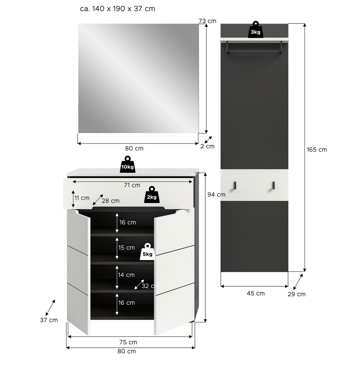 Predsoba Canu, Bela, Siva, 3-Delna - bela, Design, leseni material (140/190/37cm) - Livetastic