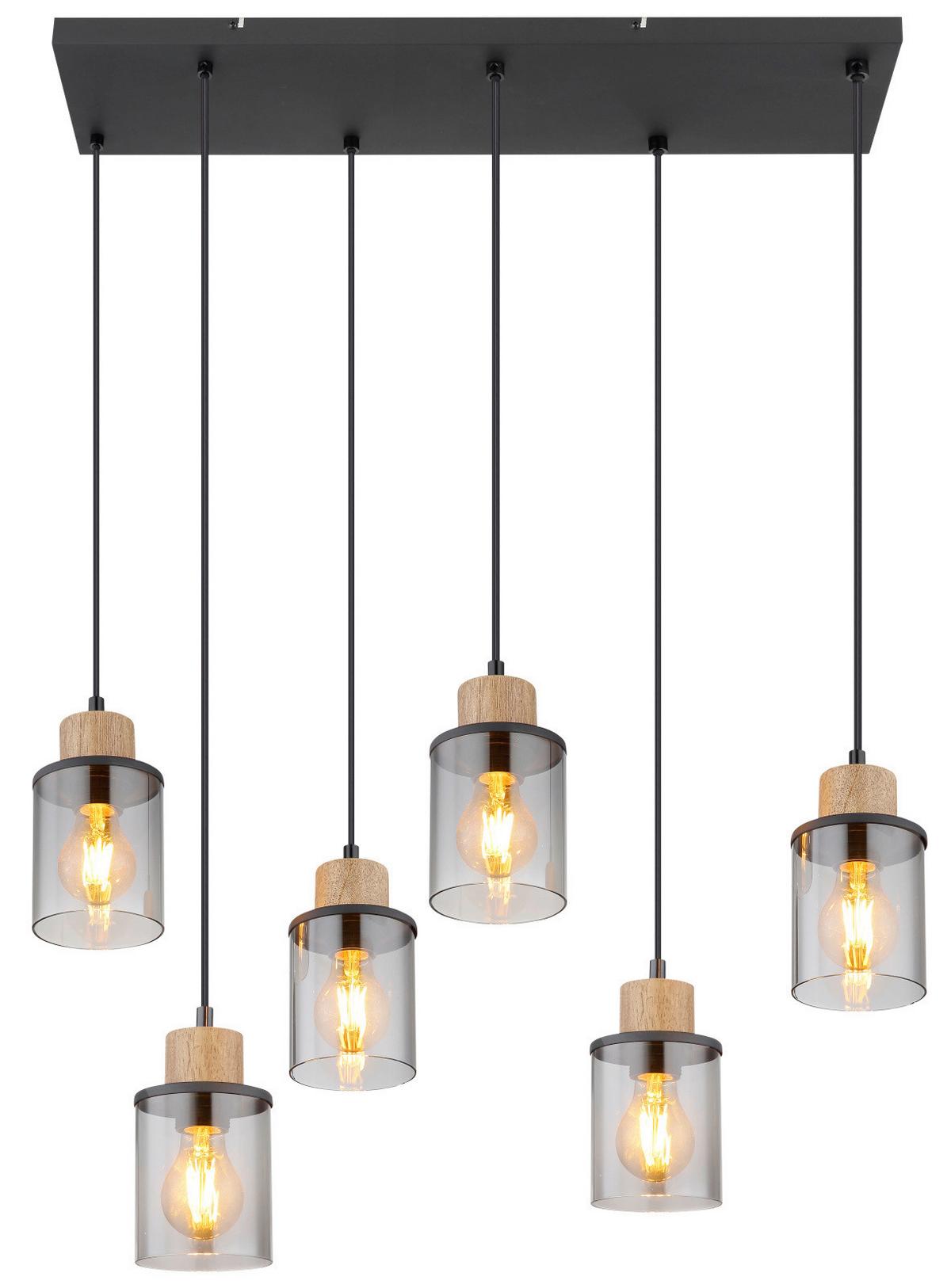 HÄNGELEUCHTE 15707-6H REID - Dunkelbraun/Schwarz, Design, Glas/Holz (62/18/120cm) - Globo