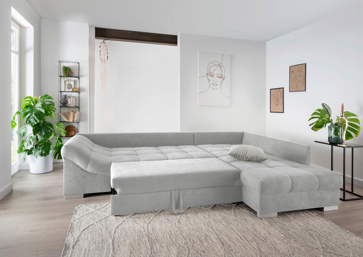 Wohnlandschaft Alvito Silberfarben Nylon/Mikrofaser - Silberfarben, Design, Holz/Textil (298/202cm) - MID.YOU