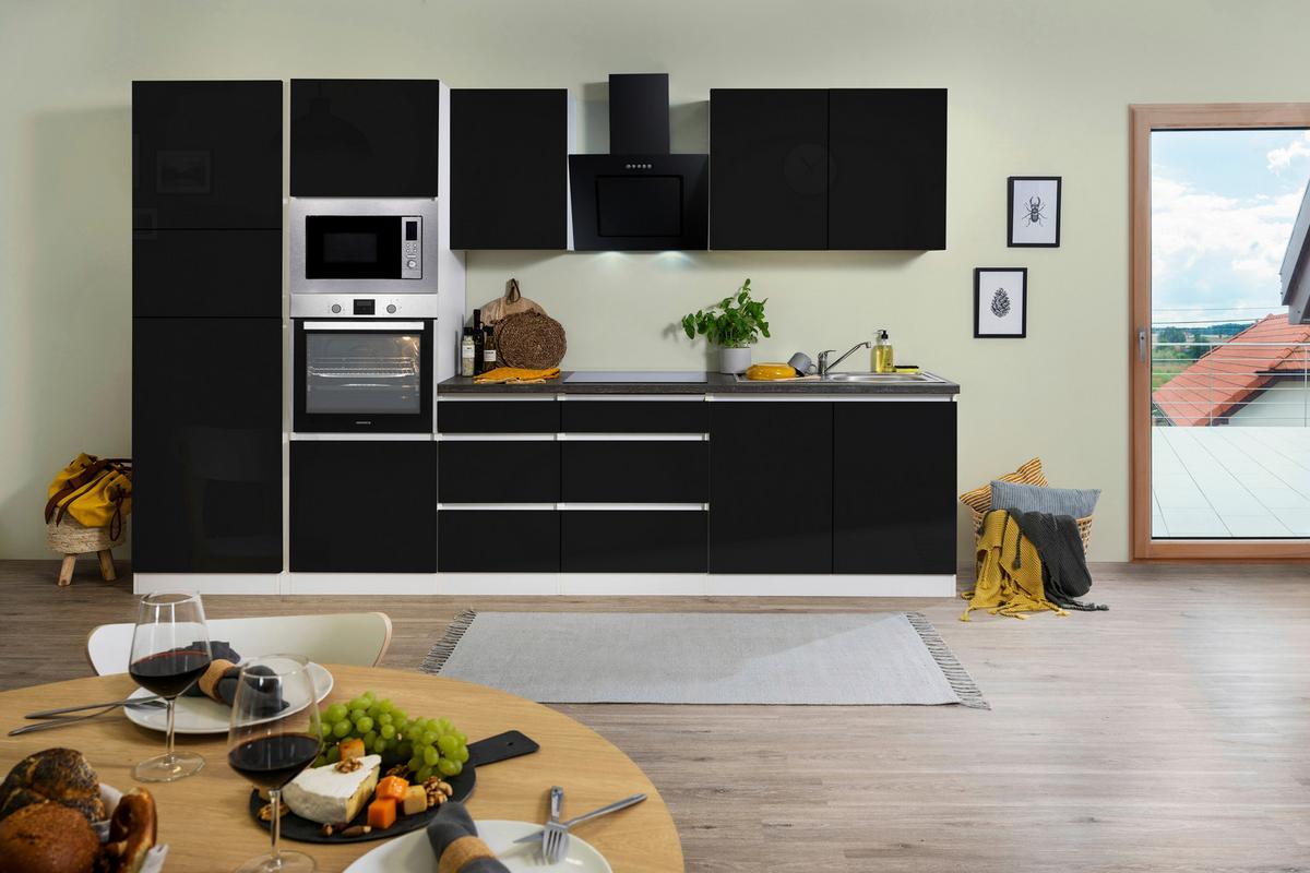 Küchenblock Lorena mit Geräten ca. 335 cm Schwarz Hochglanz - Schwarz Hochglanz/Graphitfarben, Basics, Holzwerkstoff (335cm) - Respekta