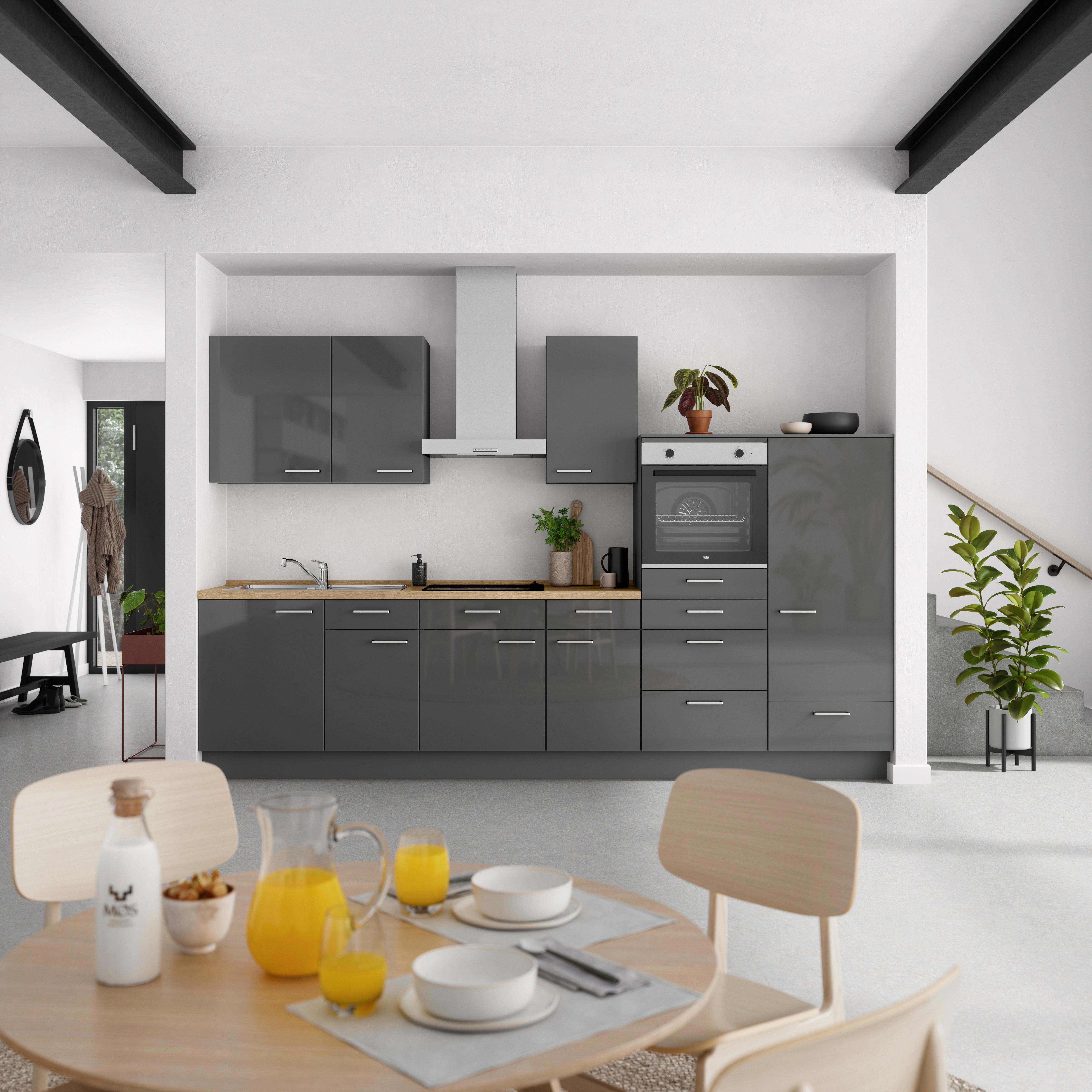 Küchenblock Flash Low m. Geräten Schieferfarben - Schieferfarben/Edelstahlfarben, MODERN, Holzwerkstoff/Metall (330cm) - Nobilia