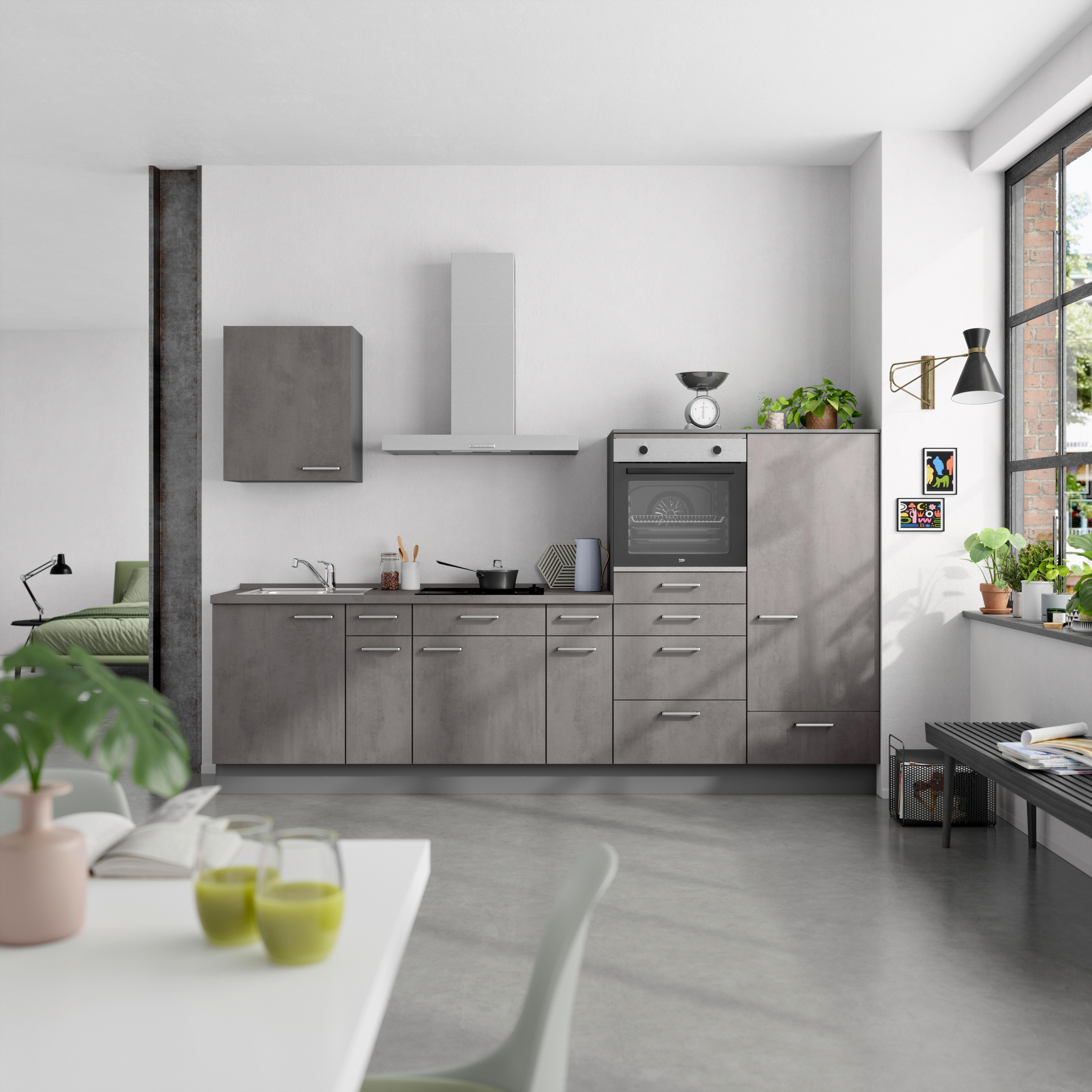 Küchenblock Riva Low m. Geräten Schieferfarben - Schieferfarben/Edelstahlfarben, MODERN, Holzwerkstoff/Metall (300cm) - Nobilia