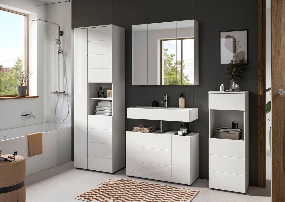 Badezimmer Vira 3-tlg. mit LED ca. 142 cm Weiß - Weiß Hochglanz/Schwarz, MODERN, Holzwerkstoff/Kunststoff (142cm) - MID.YOU