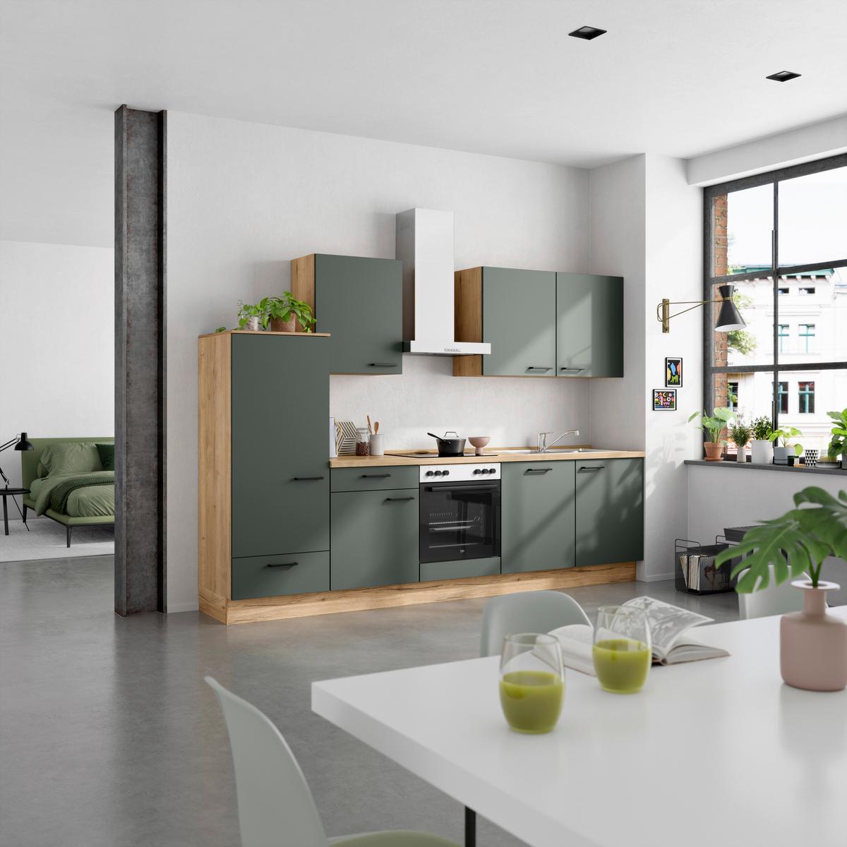 Küchenblock Easytouch m. Geräten Dunkelgrün - Dunkelgrün/Eichefarben, MODERN, Holzwerkstoff/Metall (300cm) - Nobilia