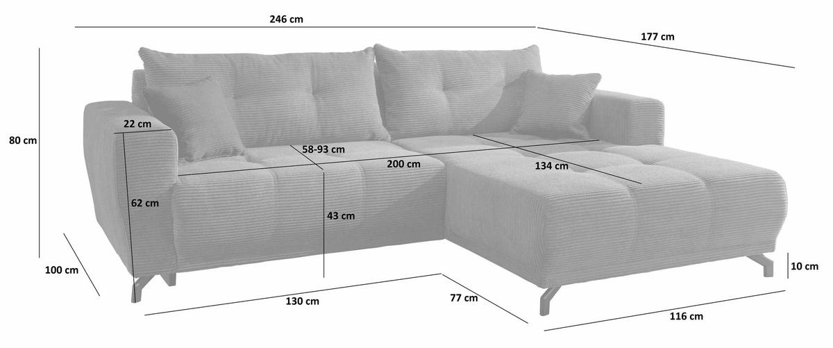 Wohnlandschaft Restato Goldfarben Cord - Goldfarben/Schwarz, MODERN, Holz/Textil (177/246cm) - MID.YOU