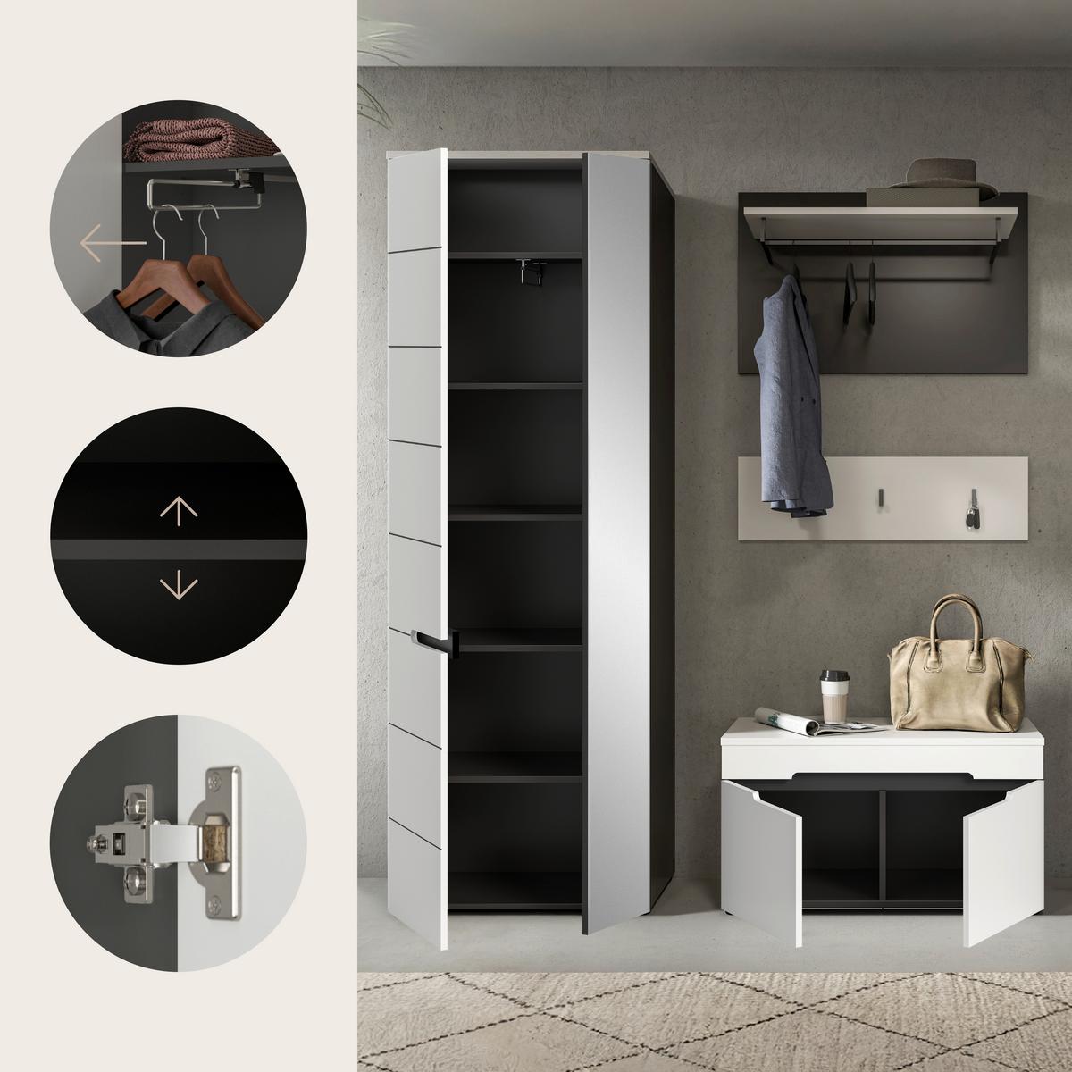 Predsoba Canu, Bela, Siva, 3-Delna - siva/bela, Design, leseni material (160/190/37cm) - Livetastic