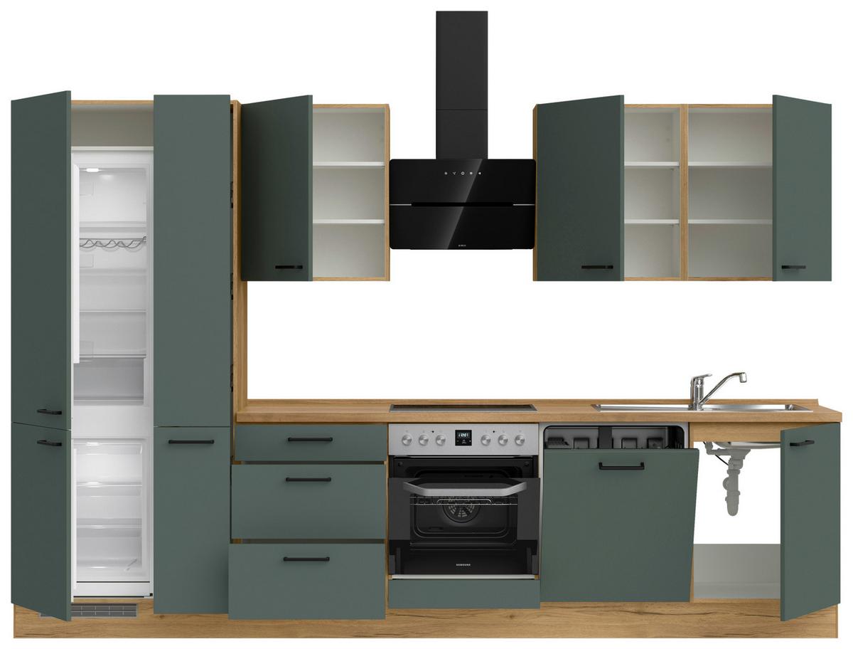 Küchenblock Easytouch High Line inkl. 4 E-Geräte - Dunkelgrün/Eichefarben, MODERN, Holzwerkstoff/Metall (330cm) - Nobilia