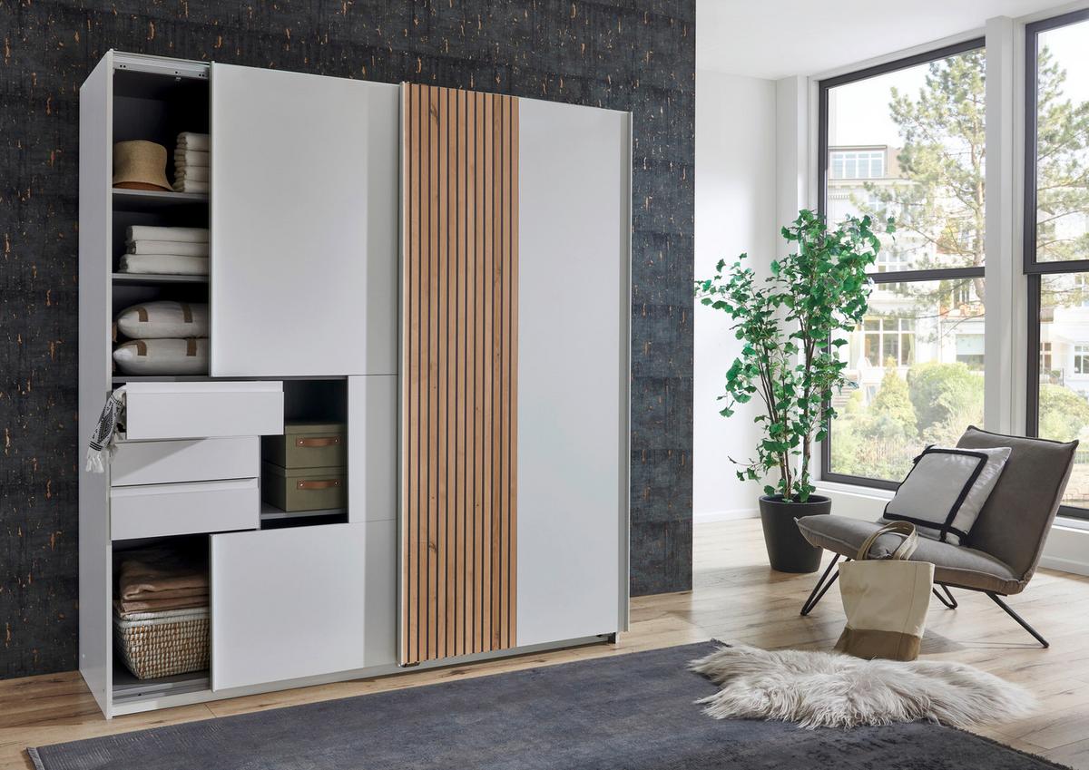 Omara Z Drsnimi Vrati Coburg, Bela, Hrast, Š. 180cm - črna/bela, Moderno, kovina/leseni material (180/198/65cm) - Mömax