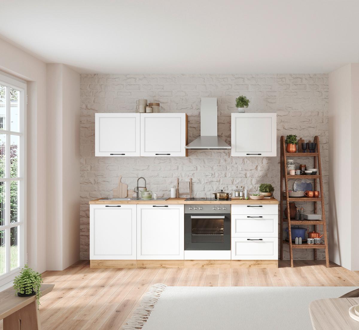 Küchenzeile Meran mit Geräten ca. 240 cm Weiß/Eiche - Eiche Wotan/Schwarz, LIFESTYLE, Holzwerkstoff/Metall (240cm) - Held