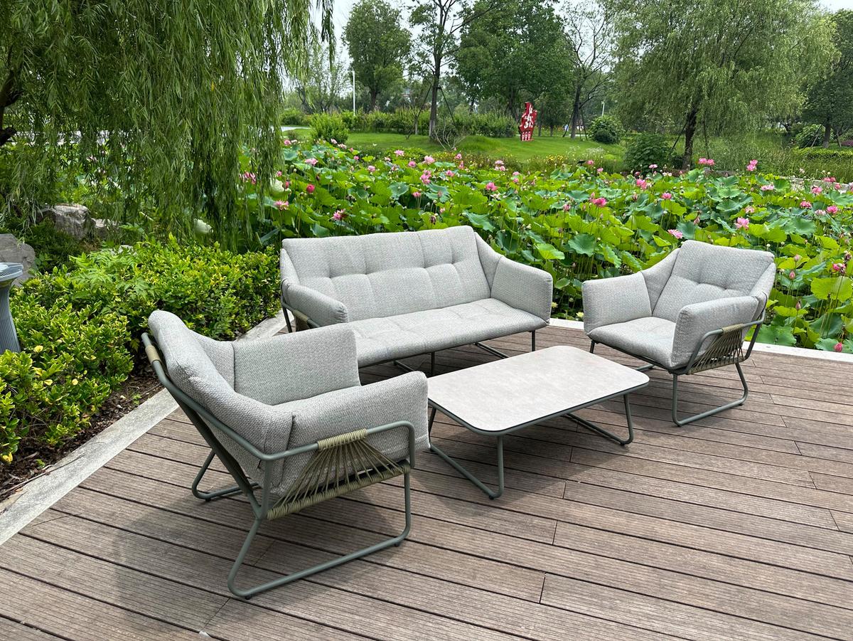 GARTENMÖBEL-SET BETTY - Beige/Grün, Modern, Glas/Textil