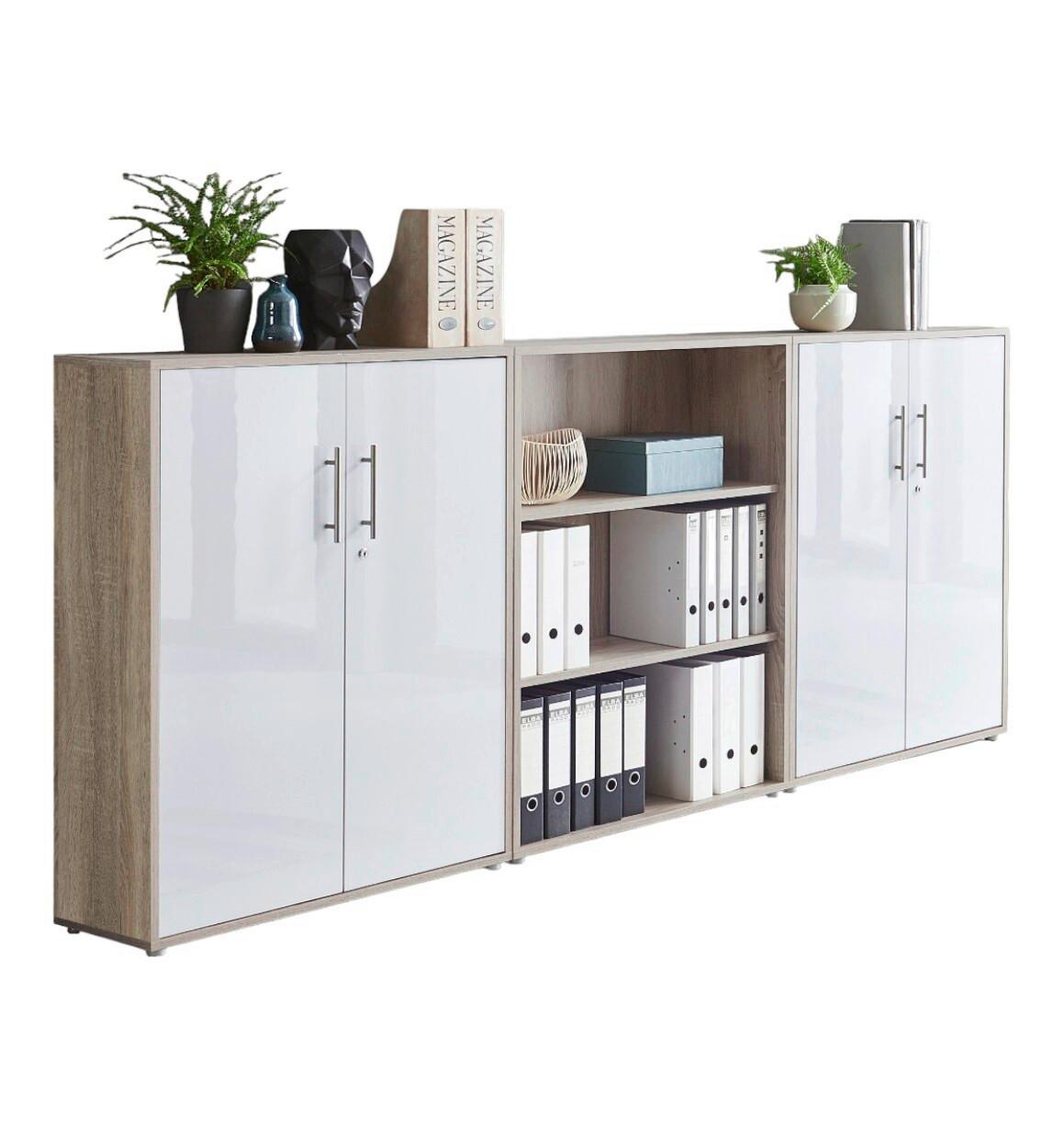 Aktenschrank Office Edition Sw Set 9 Eiche/Weiß - Weiß Hochglanz/Sonoma Eiche, MODERN, Holzwerkstoff (253,2/113,6/33cm) - MID.YOU
