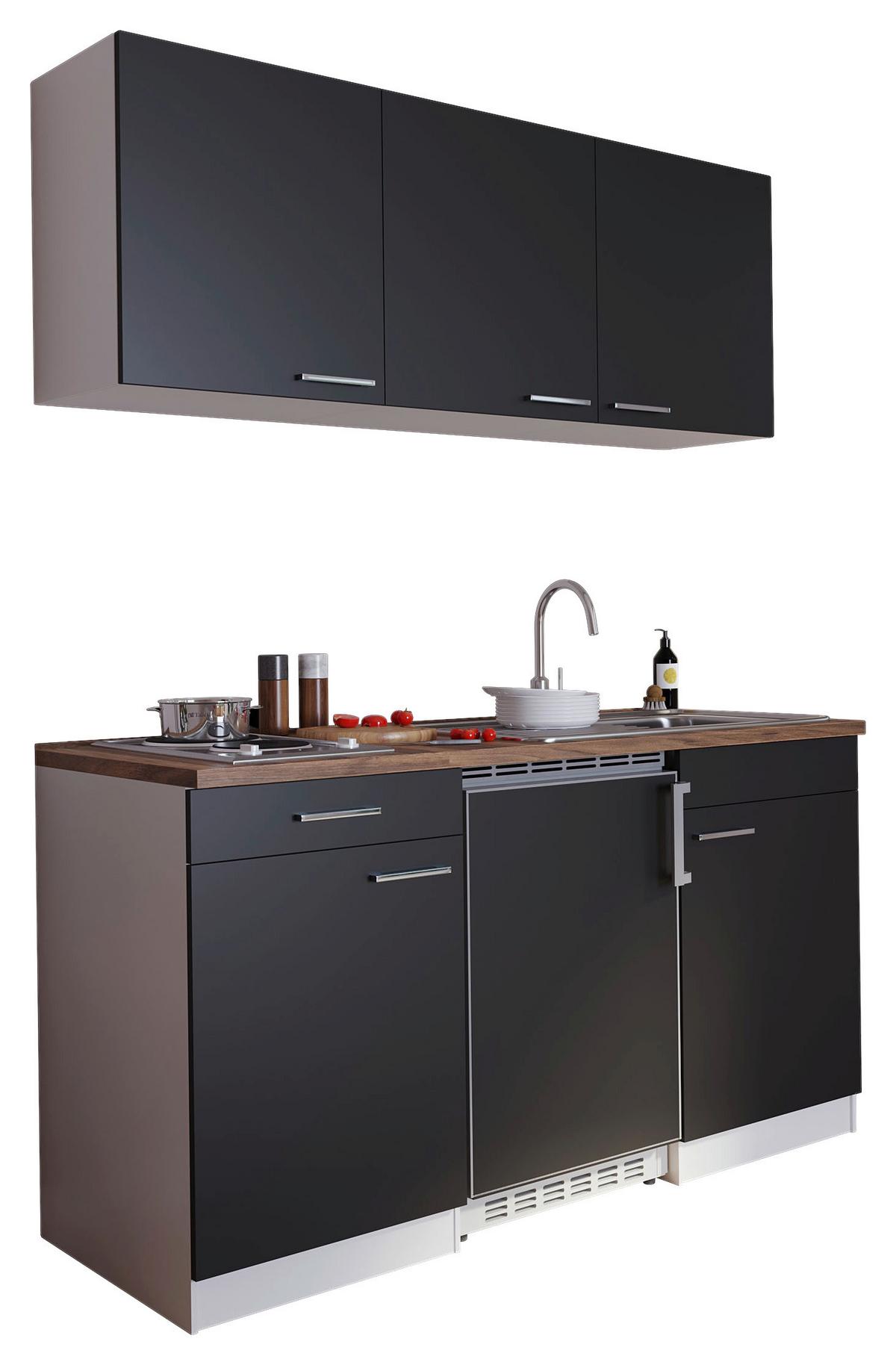 Miniküche Economy m. Geräten Schwarz/ Nussbaum ca. 150cm - Edelstahlfarben/Nussbaumfarben, Basics, Holzwerkstoff/Kunststoff (150cm) - Respekta