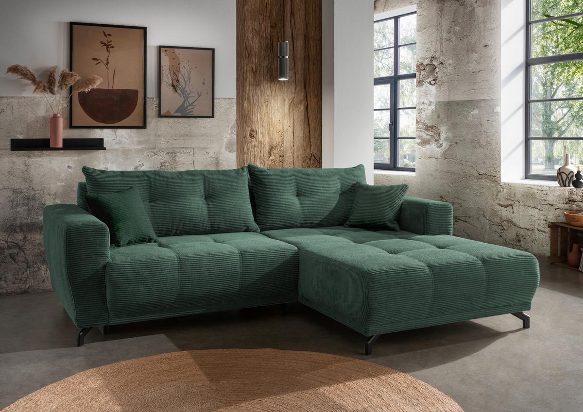 Wohnlandschaft Restato Dunkelgrün Cord - Dunkelgrün/Schwarz, MODERN, Holz/Textil (246/177cm) - MID.YOU