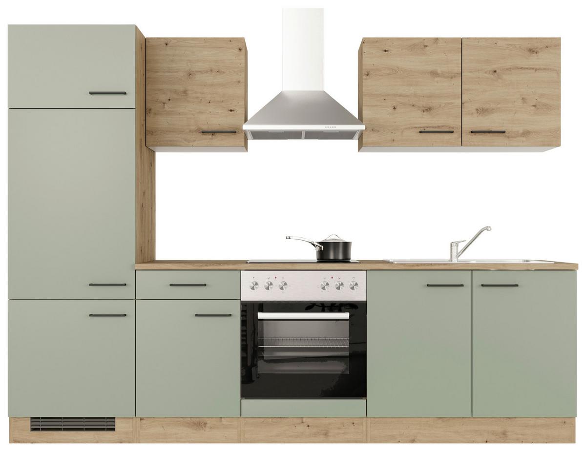 Küchenblock Cara mit Geräten ca. 270 cm Grün/Eiche - Schwarz/Eiche Artisan, MODERN, Holzwerkstoff/Metall (270cm) - FlexWell