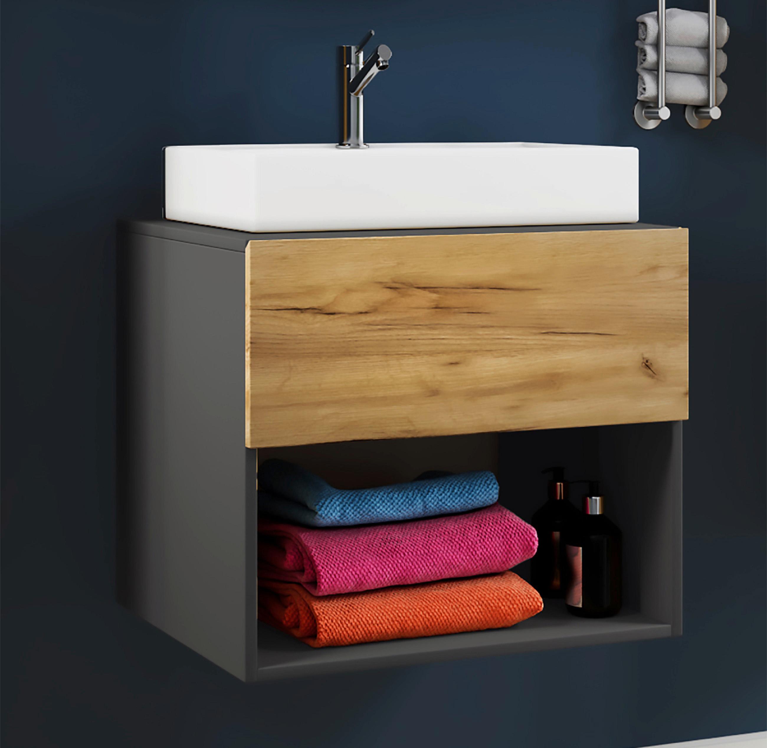 Waschtischkombi Lendas 2-tlg. ca. 60 cm Anthr./Honigeiche - Honigeiche/Eichefarben, MODERN, Keramik/Holzwerkstoff (60cm) - MID.YOU