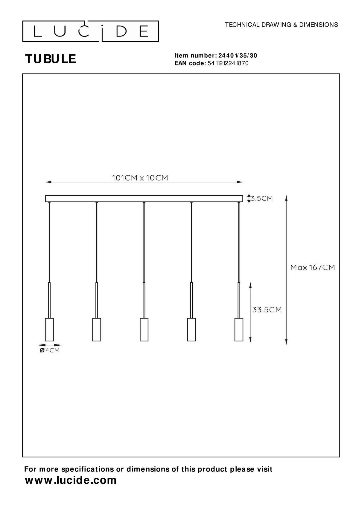 LAMPA WISZĄCA 24401/35/30 TUBULE - czarny, Design, metal (101/10/167cm) - Lucide