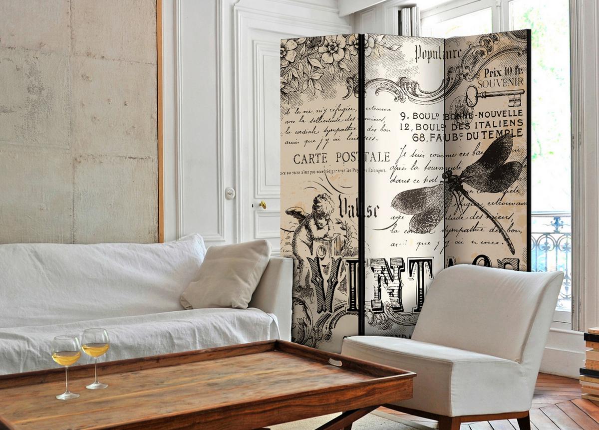 Paravan Vintage I, 3-Delni, Dvostranski - siva/krem barve, Basics, tekstil/les (135cm) - artgeist