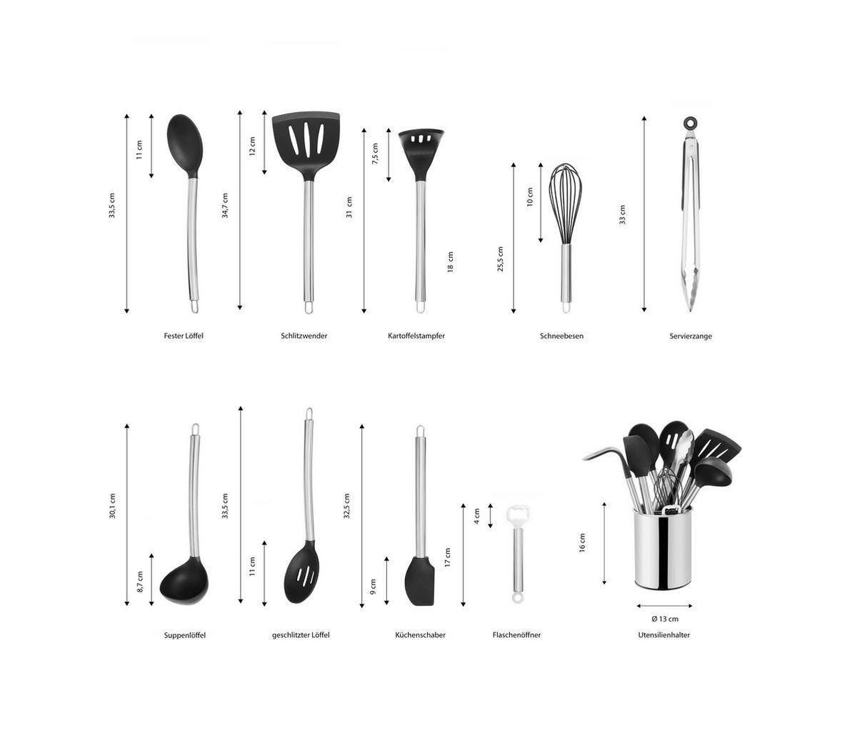Set ustensile bucătărie 10/1 - argintiu/negru, Basics, plastic - Echtwerk