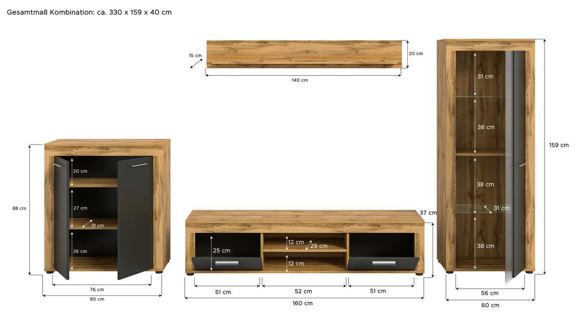 ANSAMBLU MOBILIER CAMERA DE Z JAM - antracit/stejar Wotan, Design, sticlă/material pe bază de lemn (330/159/35cm) - Modern Living