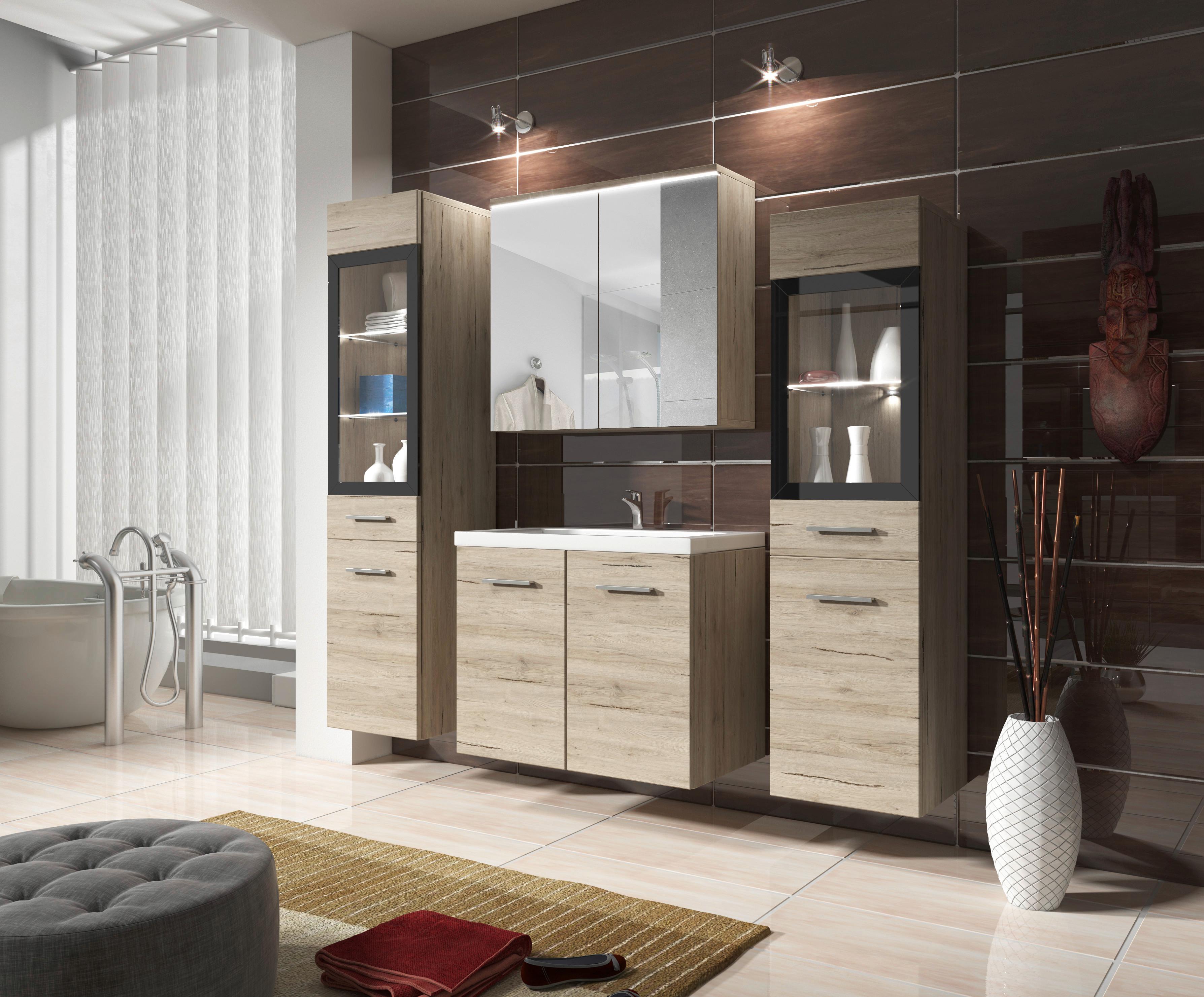 Badmöbel-Set 5-tlg. Madrit mit LED ca. 120 cm San Remo Eiche - Eiche San Remo/Weiß, Basics, Glas/Holzwerkstoff (120cm) - P & B