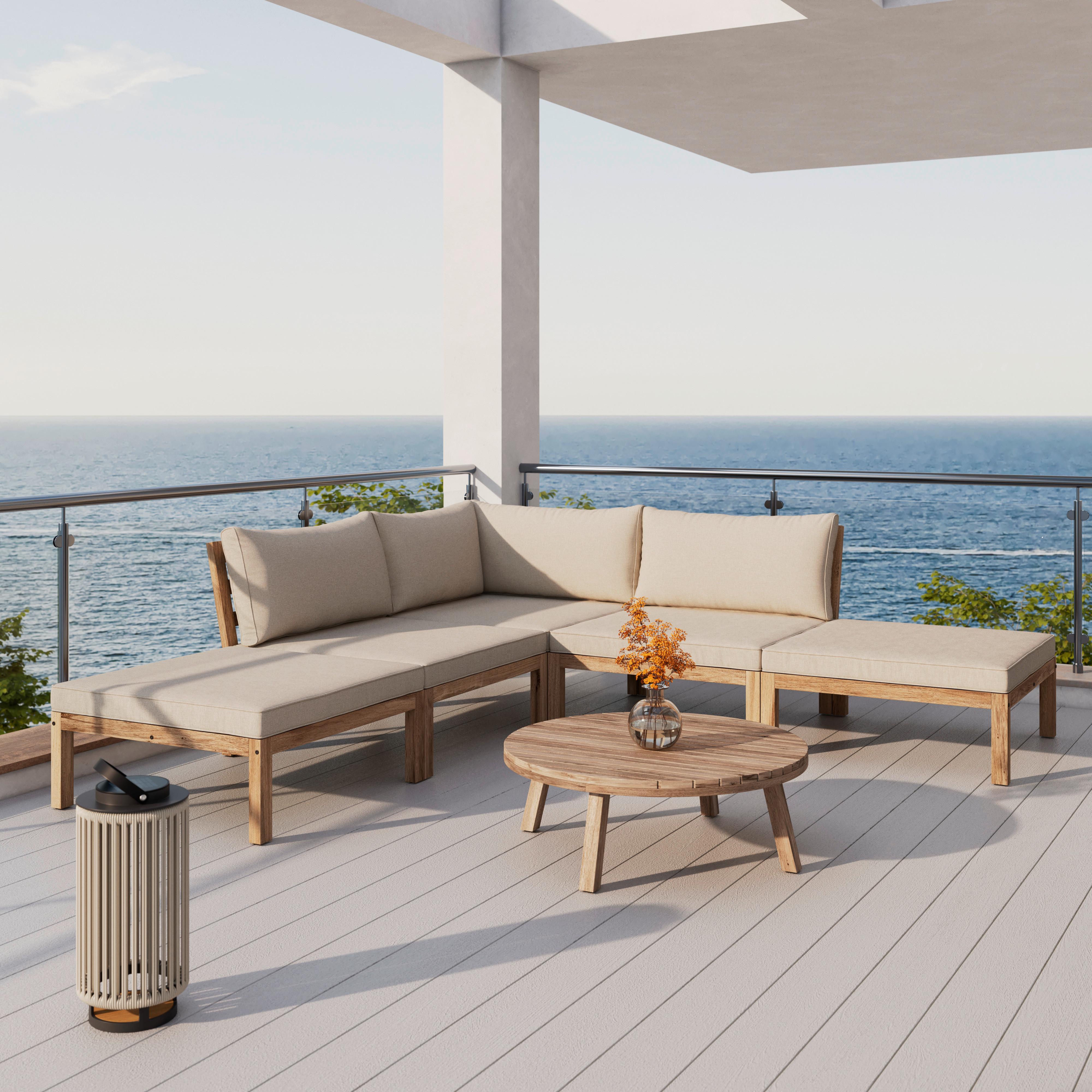Loungegarnitur Lina Creme Echtholz/Outdoorstoff - Creme/Akaziefarben, MODERN, Holz/Textil (250/70/80cm) - Bessagi Garden