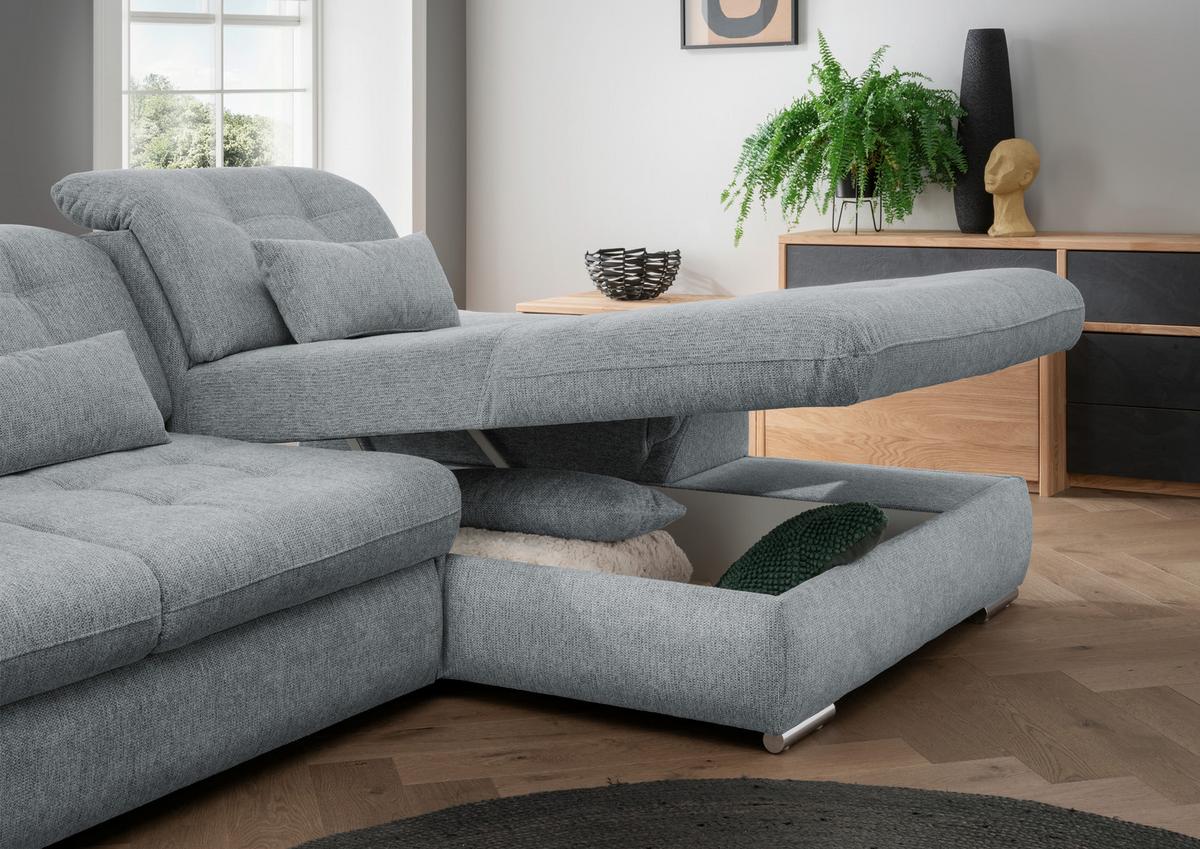 Ecksofa Rigatti mit Bettkasten ca. 314x184 cm Silberfarben - Chromfarben/Anthrazit, MODERN, Textil/Metall (314/184cm) - Livetastic