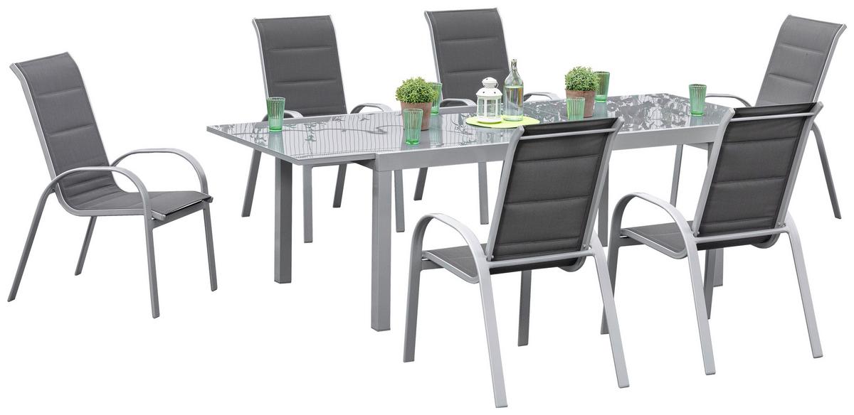Gartenmöbel Set 7-tlg Amalfi di Lusso Metall/Glas/Textil - Silberfarben/Braun, KONVENTIONELL, Glas/Textil - Gardenson