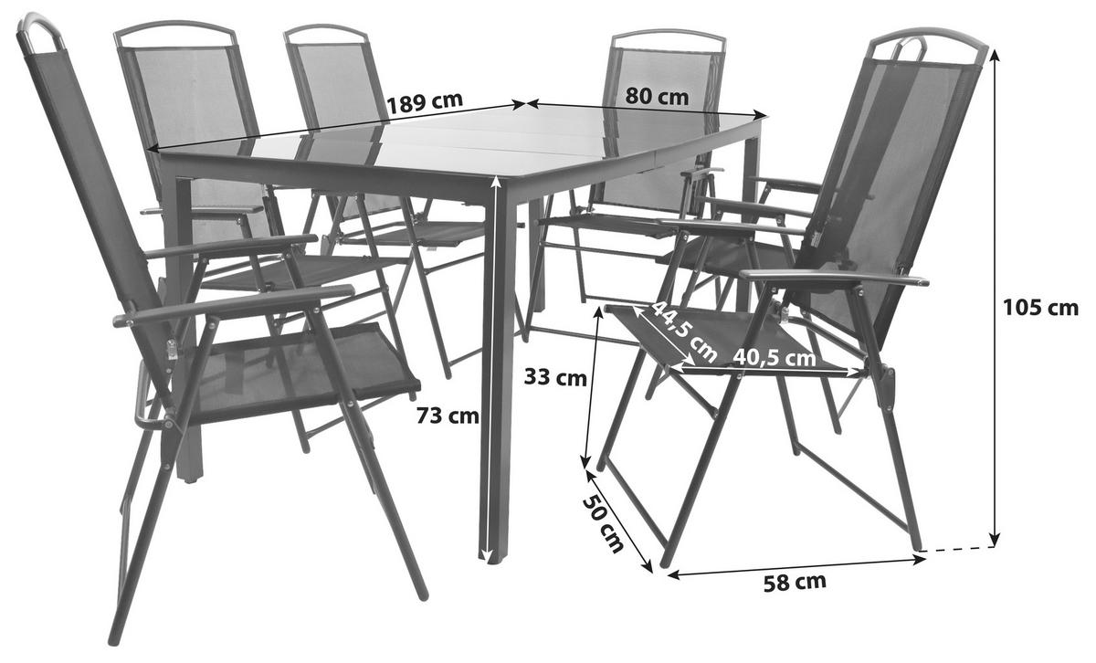 Gartentischgruppe Schwarz 7-teilig - Anthrazit/Schwarz, Basics, Glas/Textil (189/90/73cm) - Gardenson