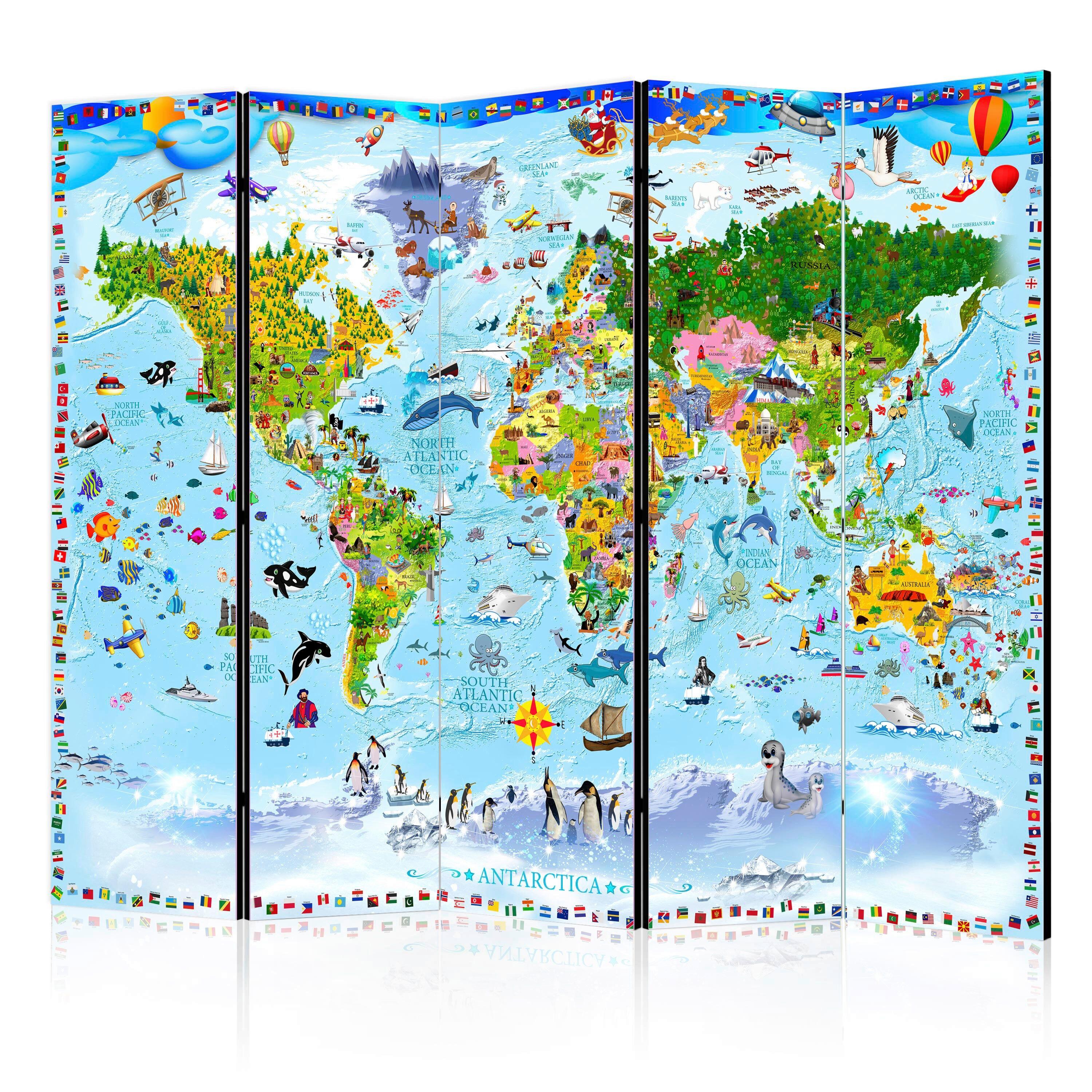 Paravan World Map For Kids, 5-Delni, Akustičen - večbarvno, Basics, umetna masa/tekstil (225/172/3cm) - artgeist