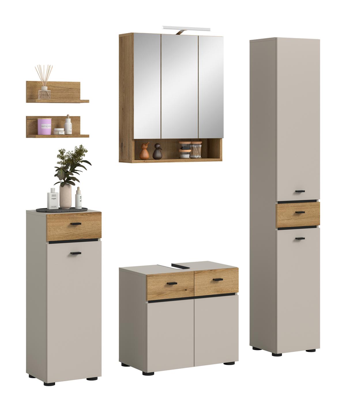 Badezimmer Aqua Eichefarben/Kaschmir 5-teilig - Kaschmir/Eichefarben, Trend, Glas/Holzwerkstoff (124cm) - MID.YOU