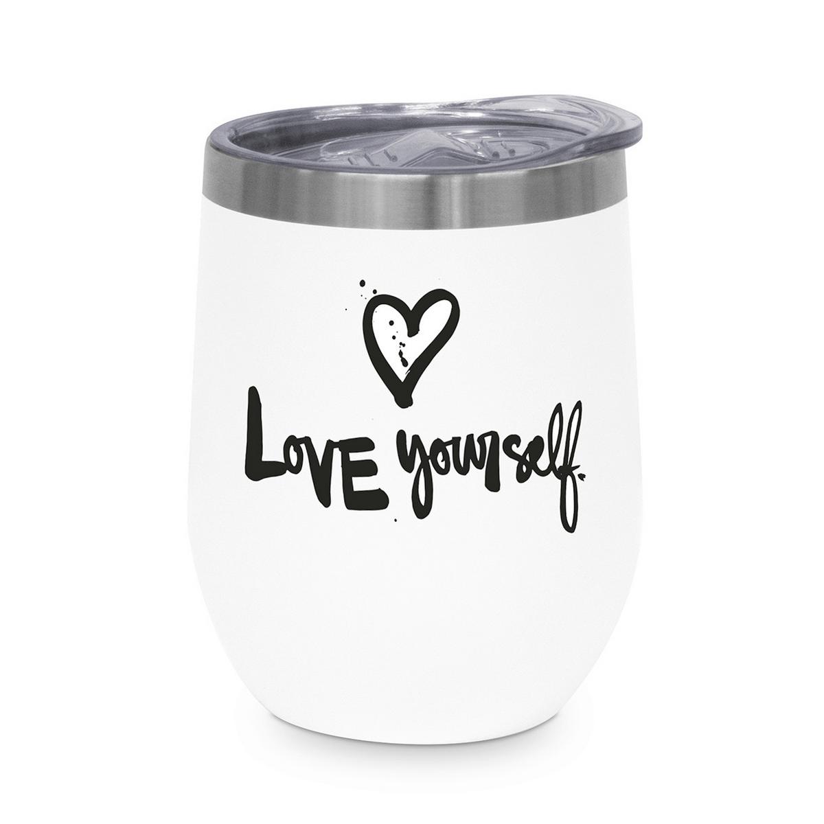 Thermobecher Love Yourself ca. 350ml - Weiss/Schwarz, Modern, Metall (9/11,5cm)