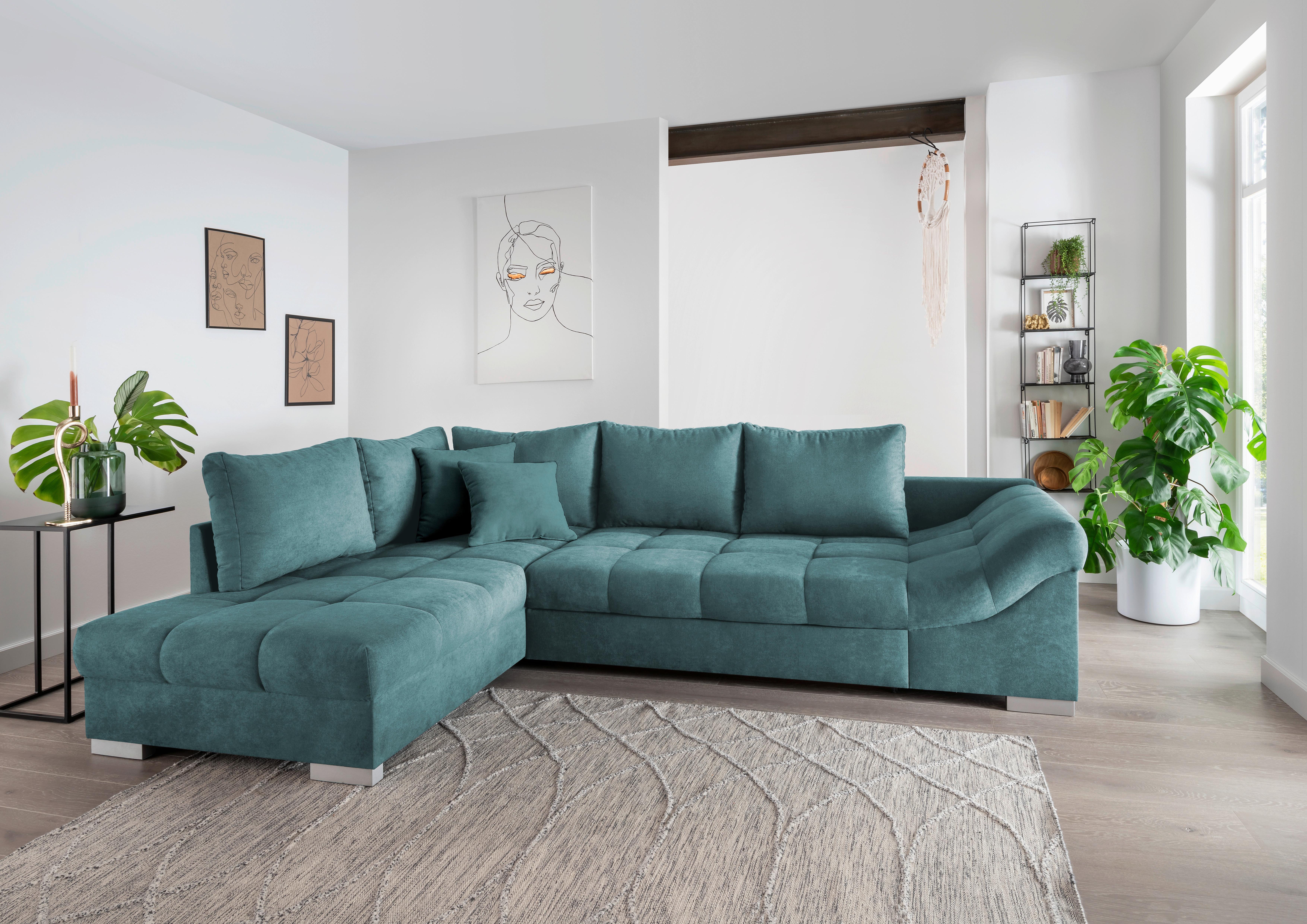 Wohnlandschaft Alvito Petrol Nylon/Mikrofaser - Silberfarben/Petrol, Design, Holz/Textil (202/298cm) - MID.YOU